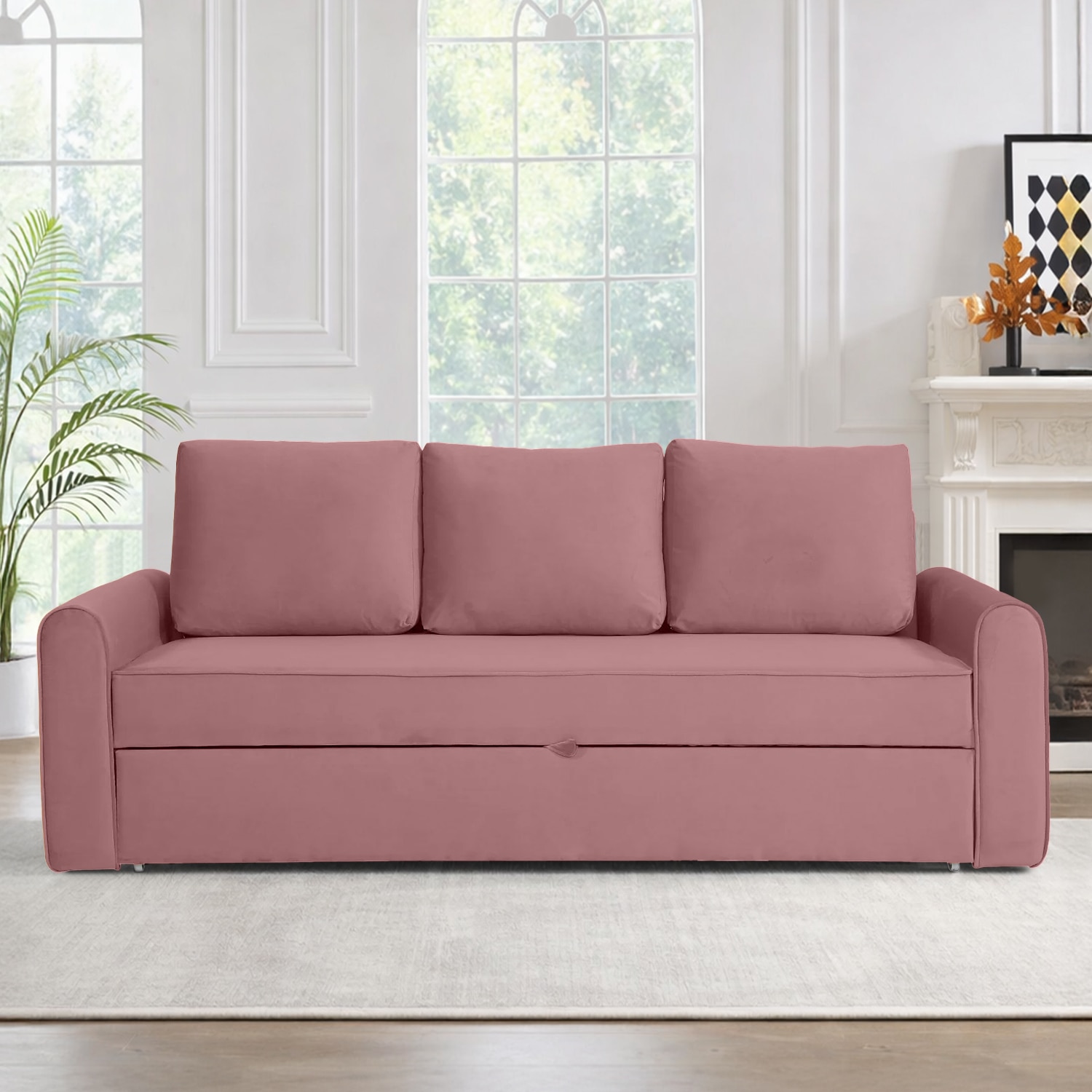 Clevam 3 Seater Pull Out Sofa cum Bed  in Peach Colour - Home Lifestylez