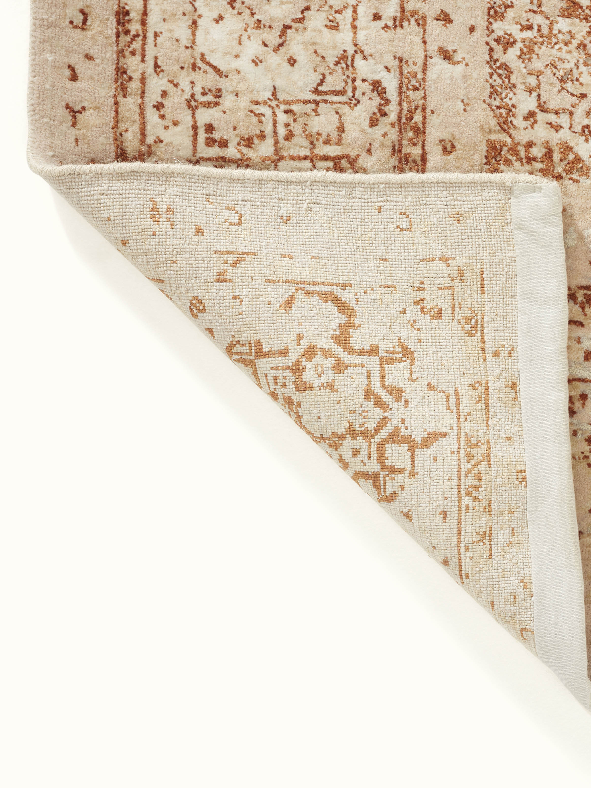 Full view of Distressed Mamluk Beige Rust Bhadohi Wool & Viscose Hand-Knotted Rug showcasing the overall pattern and design