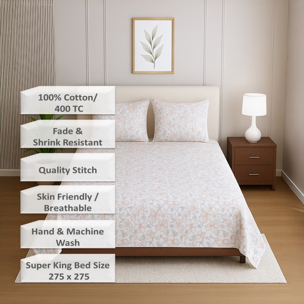White Floral 400 TC Cotton Flat Super King Size Bedsheet With 2 Pilllow Covers  Threads