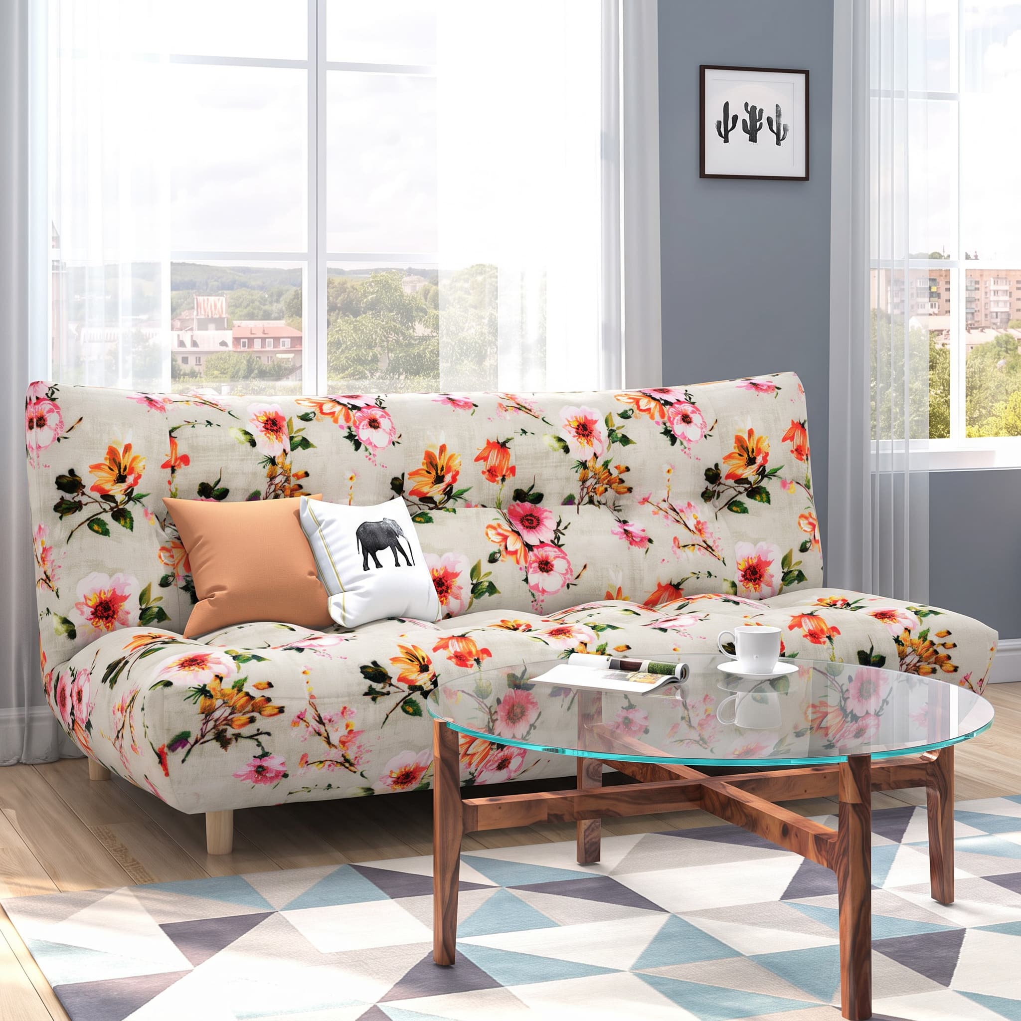 Palermo 3 Seater Click Clack Sofa cum Bed In Peach Floral Colour
