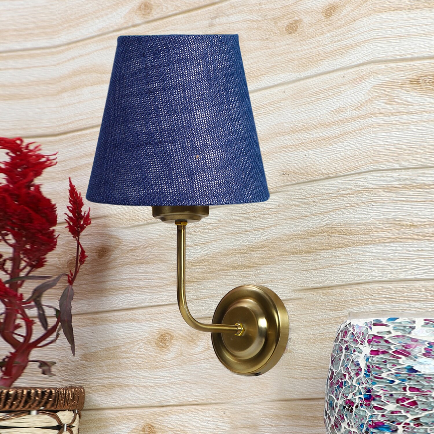 Devansh Metal Electric Wall Light in Gold Colour with Blue Shade Count of 1 Light - Devansh