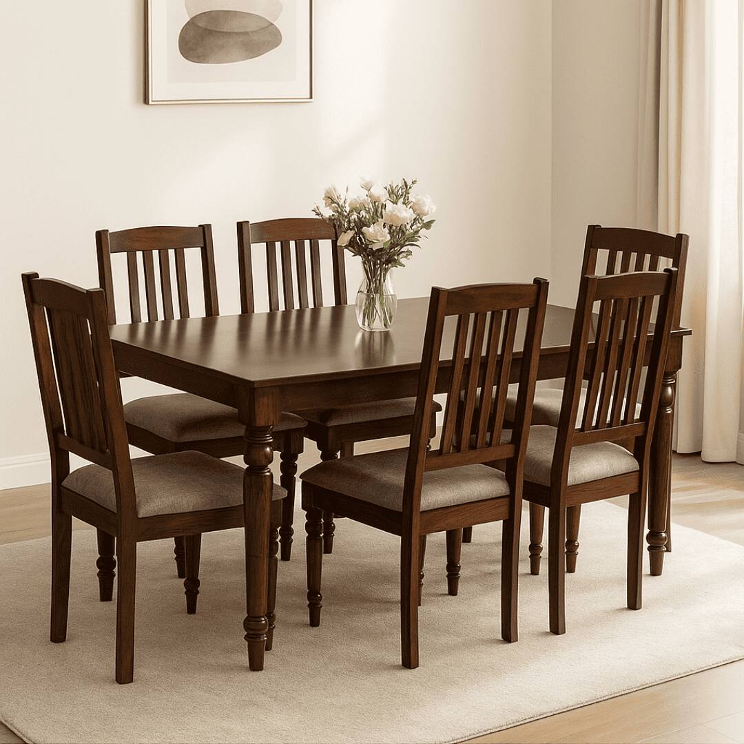 Globally Indian Sheesham Wood 6 Seater Dining Table Set With 6 Seater Cushioned Chairs -Straight Line Backrest