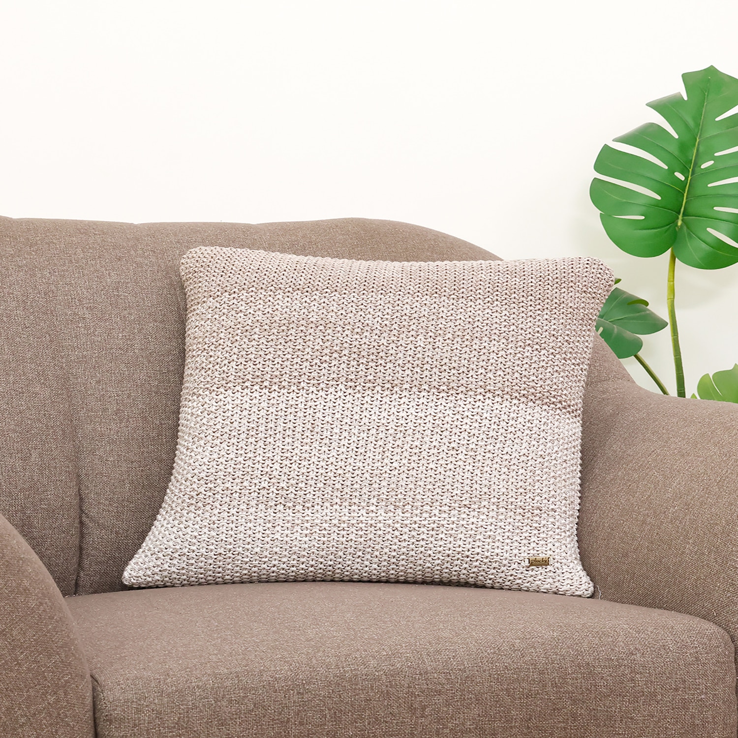Ombre Moss Knit Pale Whisper Beige  And Ivory Cushion Cover 18X18 Inches - Pluchi