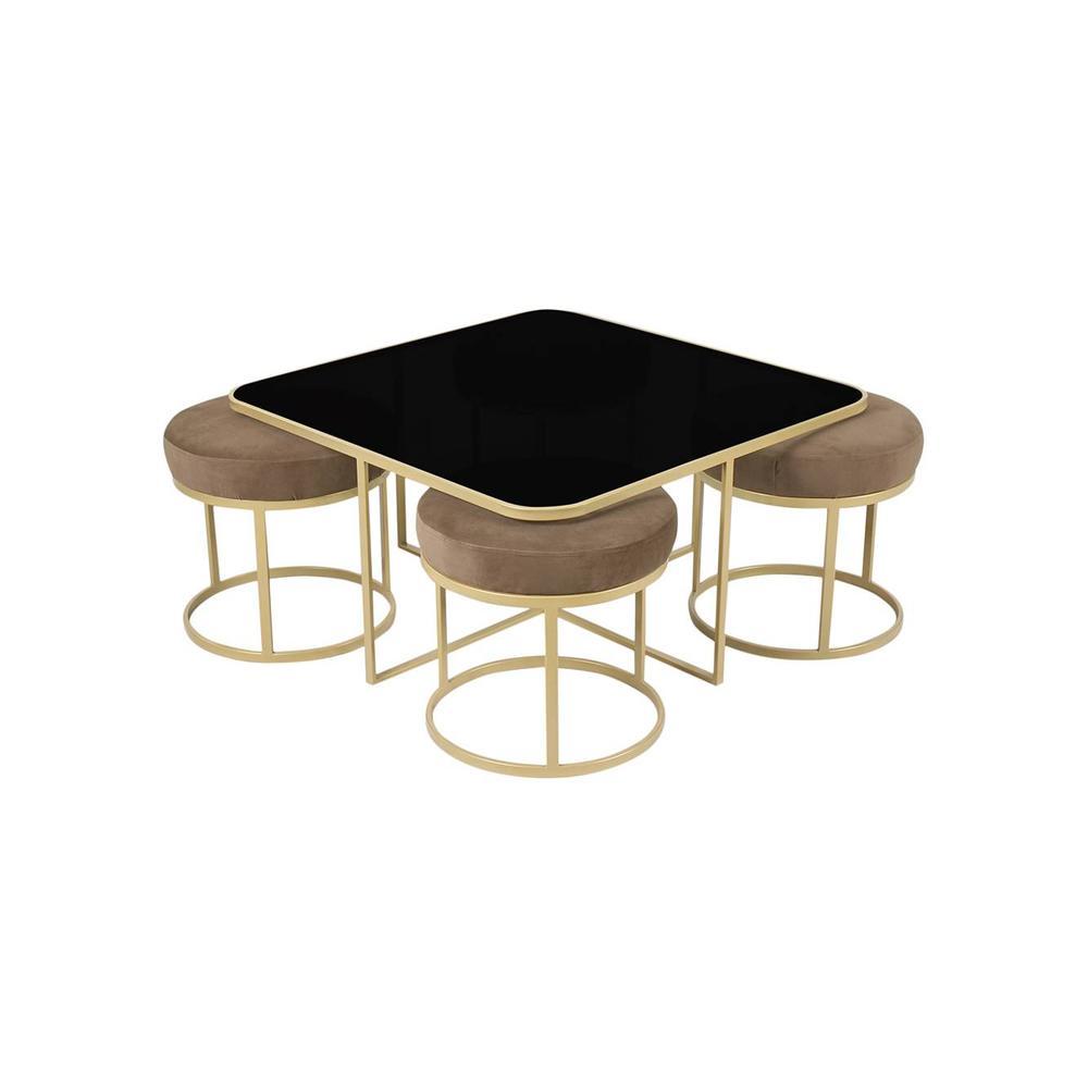 Benton Nesting Black Glass Coffee Table Set With 4 Stools In Gold Finish