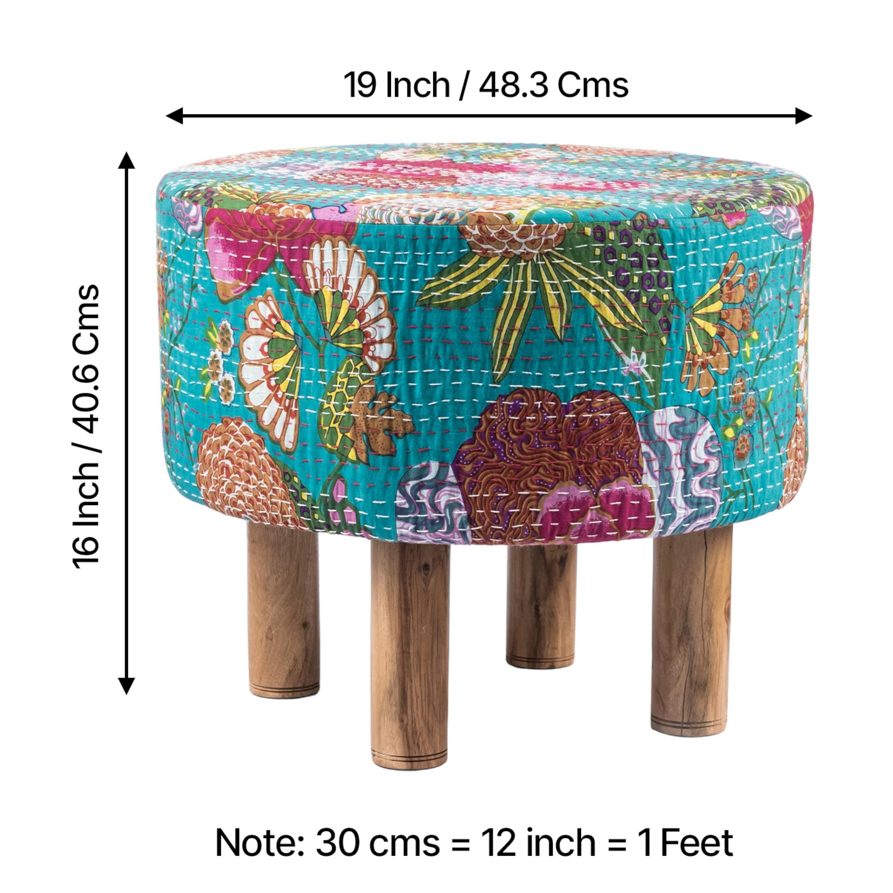 Collio Solid Wood Pouffee in Floral Print Green Kantha Fabric