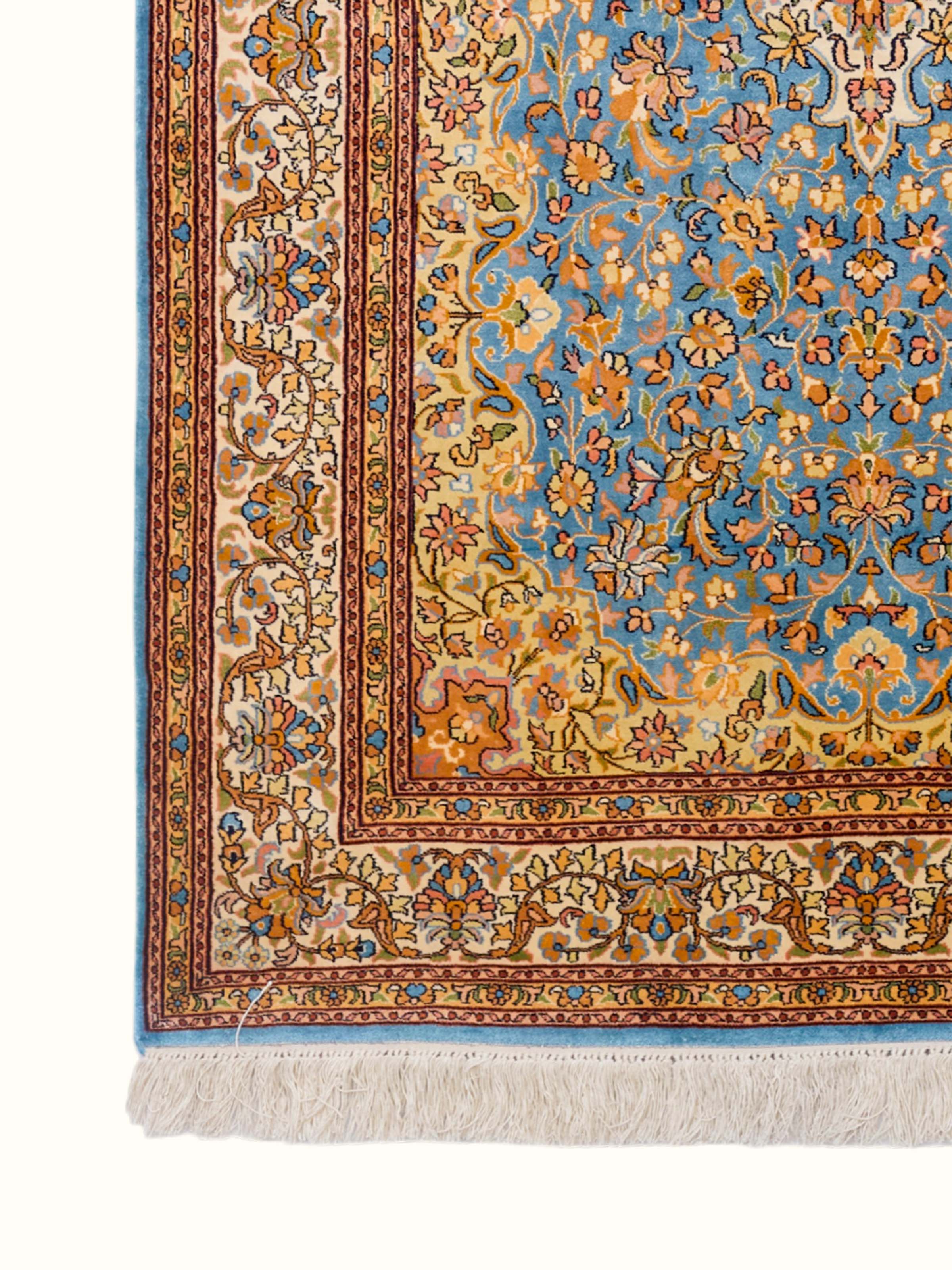 Traditional Persian Blue Tabriz Kashmir Silk Hand-Knotted Carpet