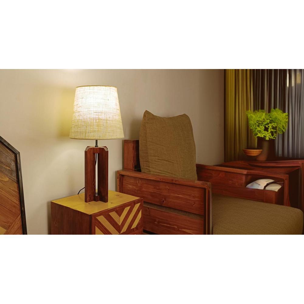 Stella Brown Wooden Table Lamp with White Fabric Lampshade