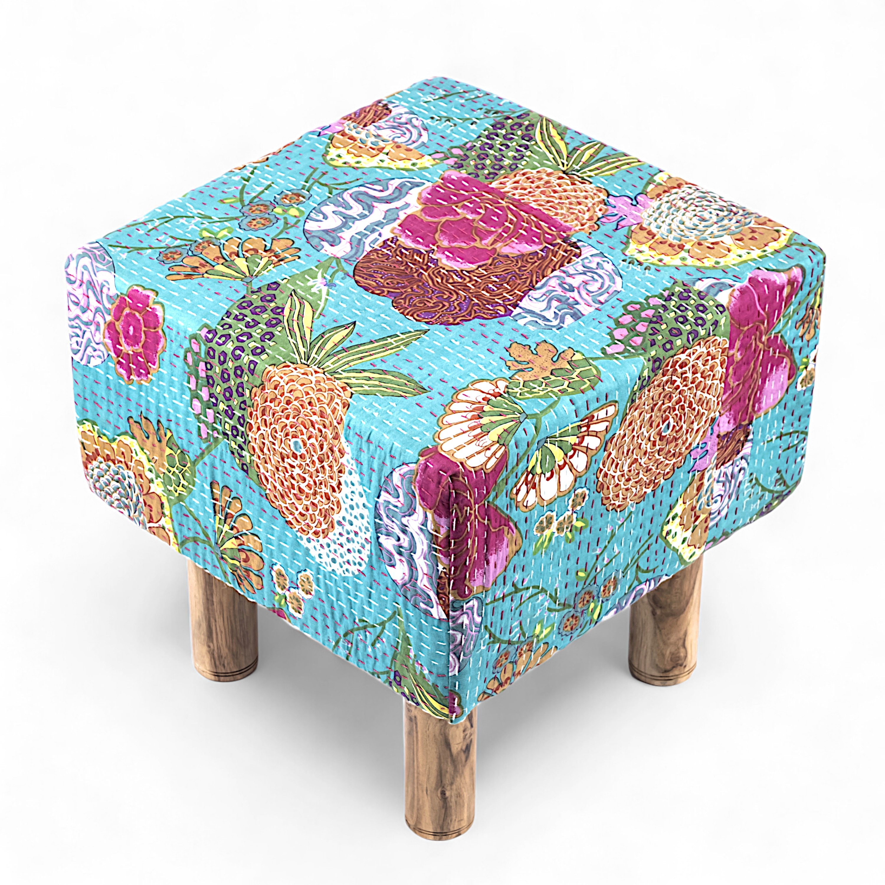 Verona Solid Wood Pouf Stool in Floral Print Green Kantha Fabric