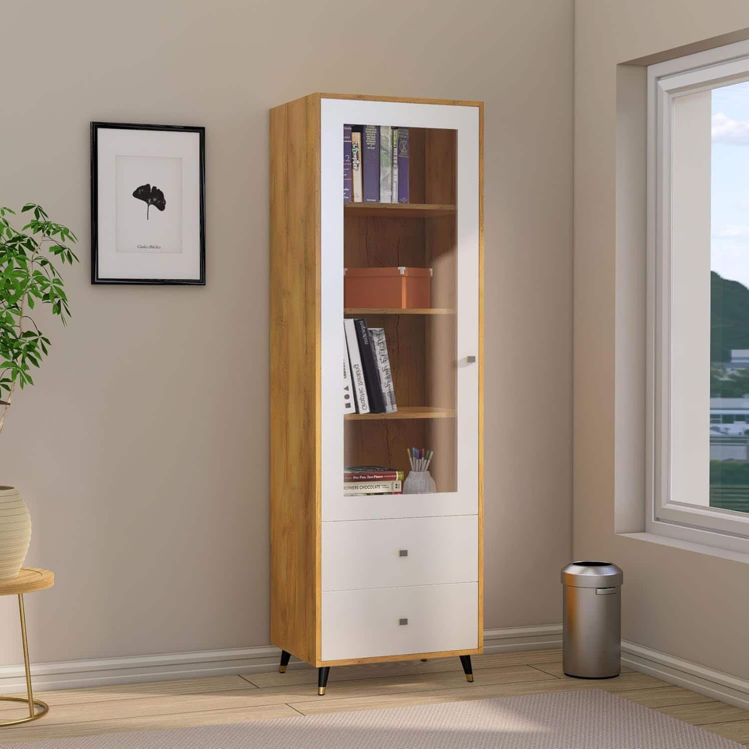 Hexa Engineered Wood Bookshelf Multipurpose Storage Rack in Giant Wood and Frosty White Colour - HexaRed
