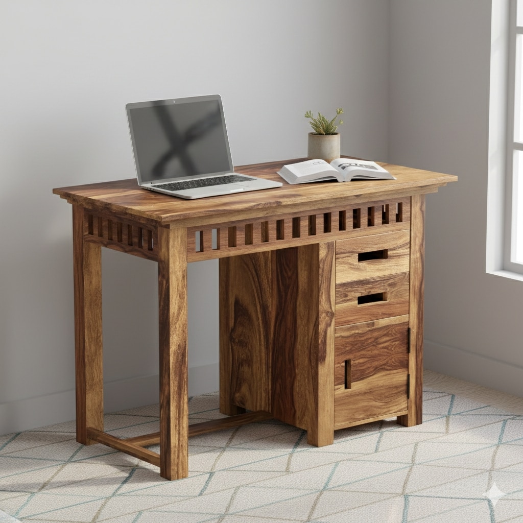 Denver Sheesham Wood Study Computer Table In Natural Teak Finish