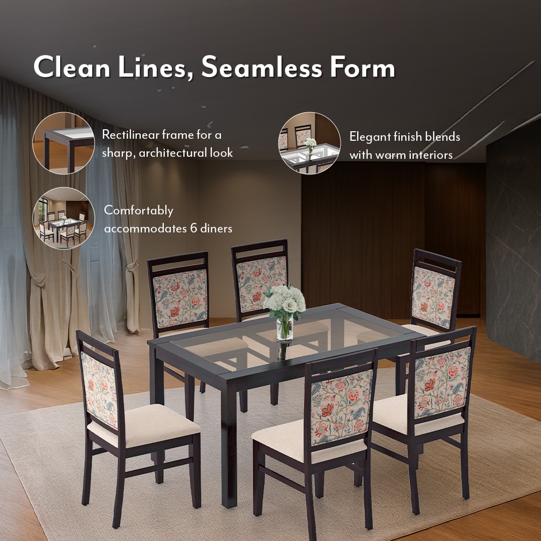Floyd 6 Seater Solid Wood Dining Table With Glass In Mahogany Finish