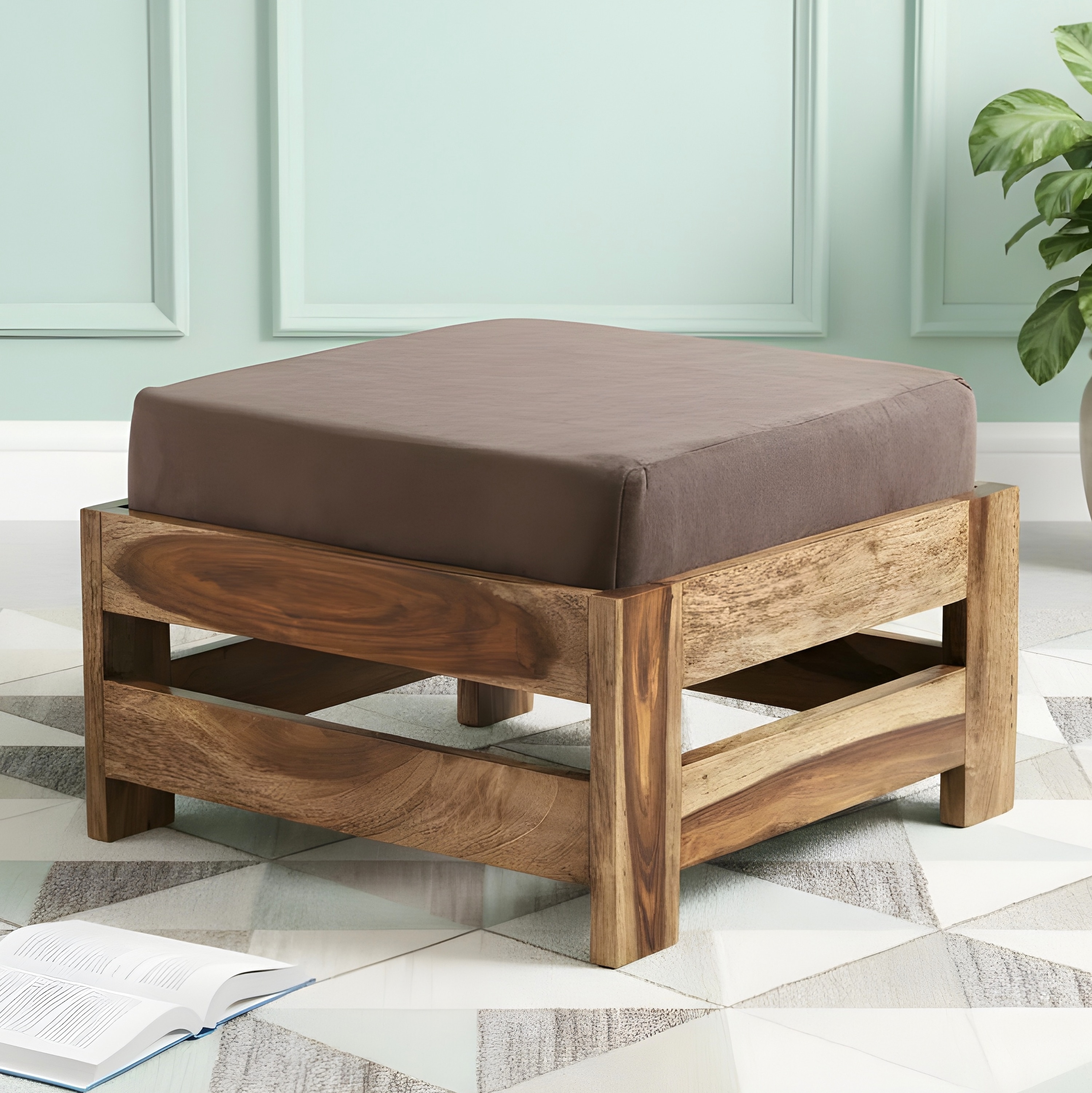 Amber Rosewood Foot Stool with Grey Velvet Cushion