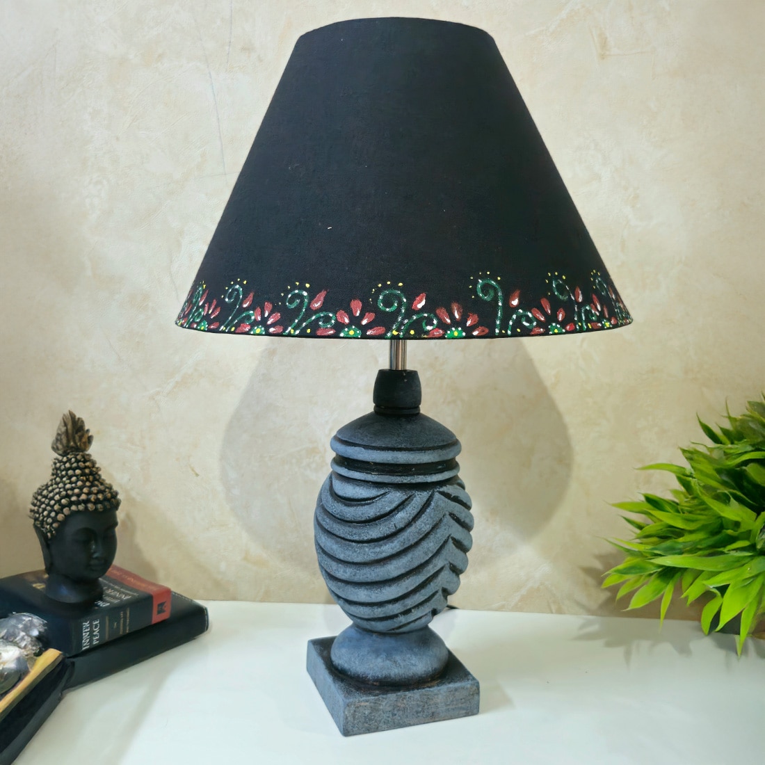 Wings Antique Stone Grey Black Wooden Table Lamp in Grey