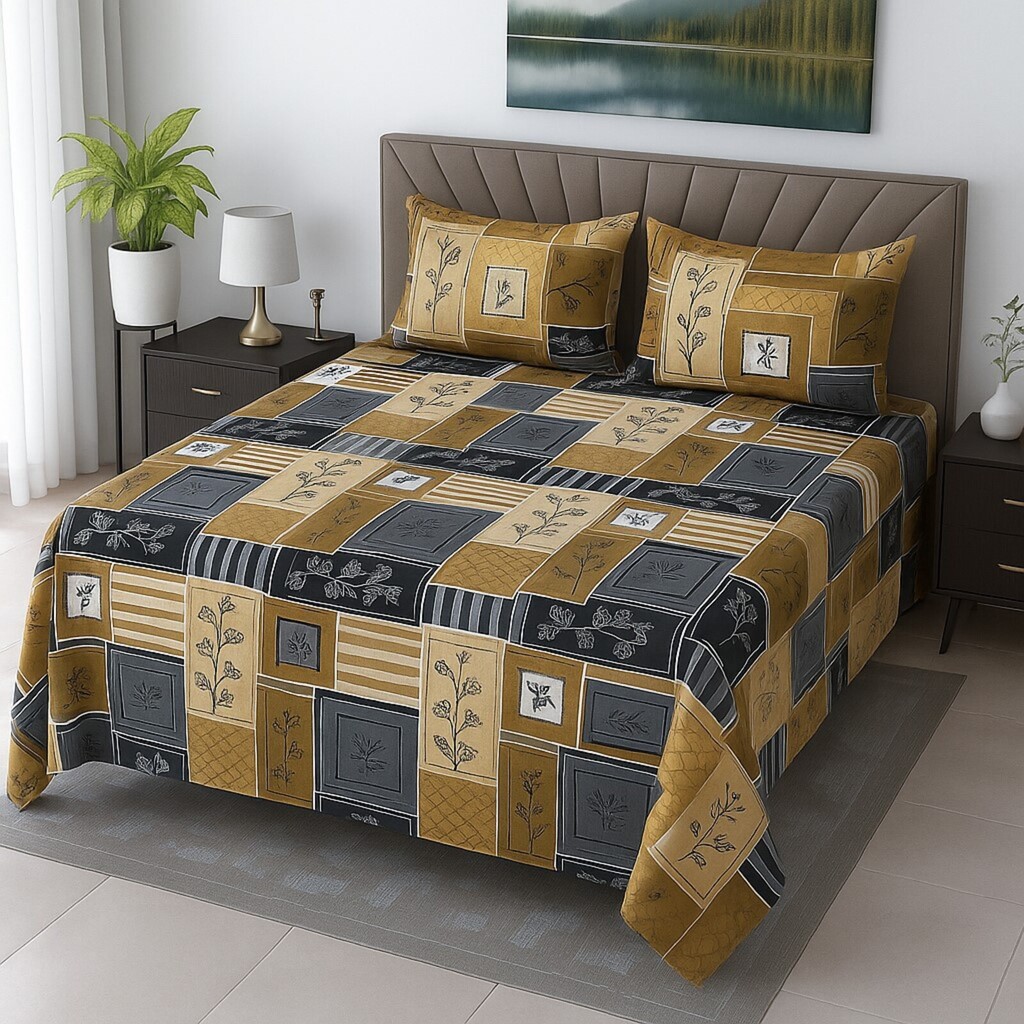 Dark Grey Floral 400 TC Cotton Flat Super King Size Bedsheet With 2 Pilllow Covers From Threads