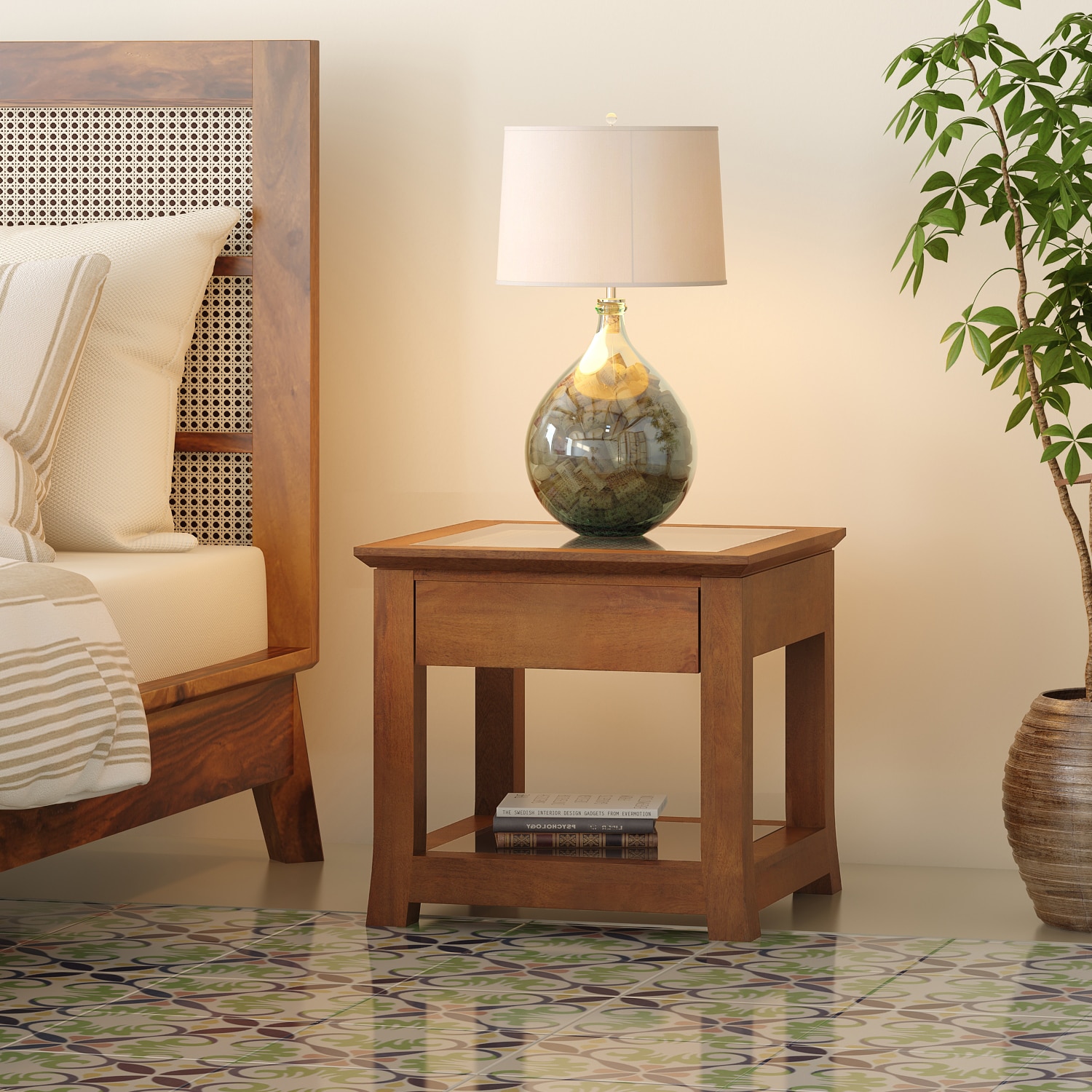 Fujiwara Solid Wood And Cane Bedside Table In Amber Walnut Finish