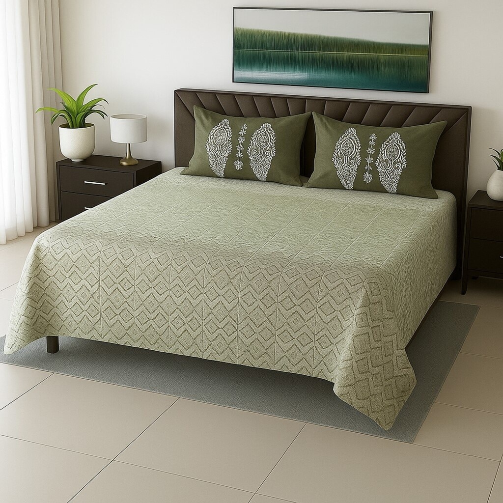 Multicolor Green Shade Abstract 400 TC Cotton Flat Super King Size Bedsheet With 2 Pilllow Covers