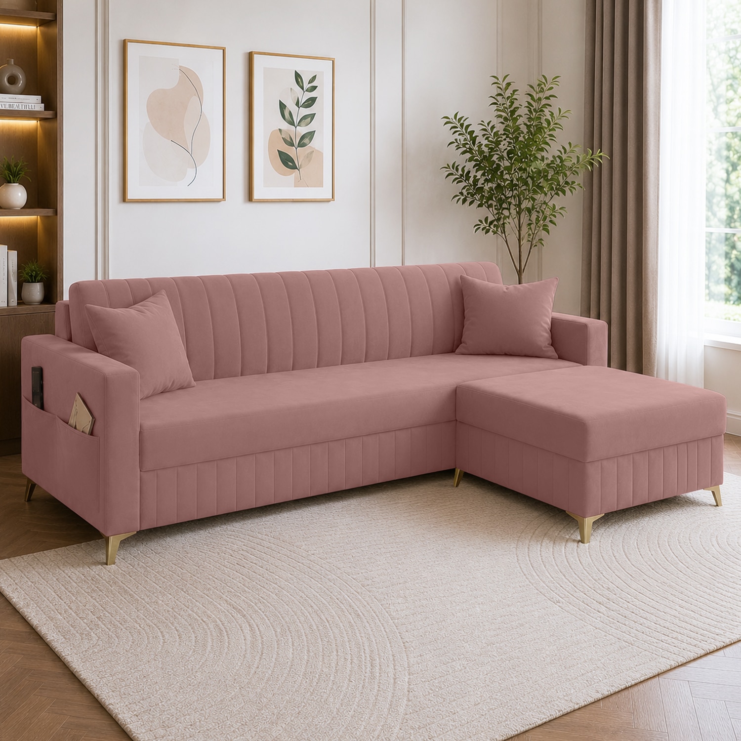 Convil Velvet L Shape 4 Seater Sofa in Pink Color - Home Lifestylez