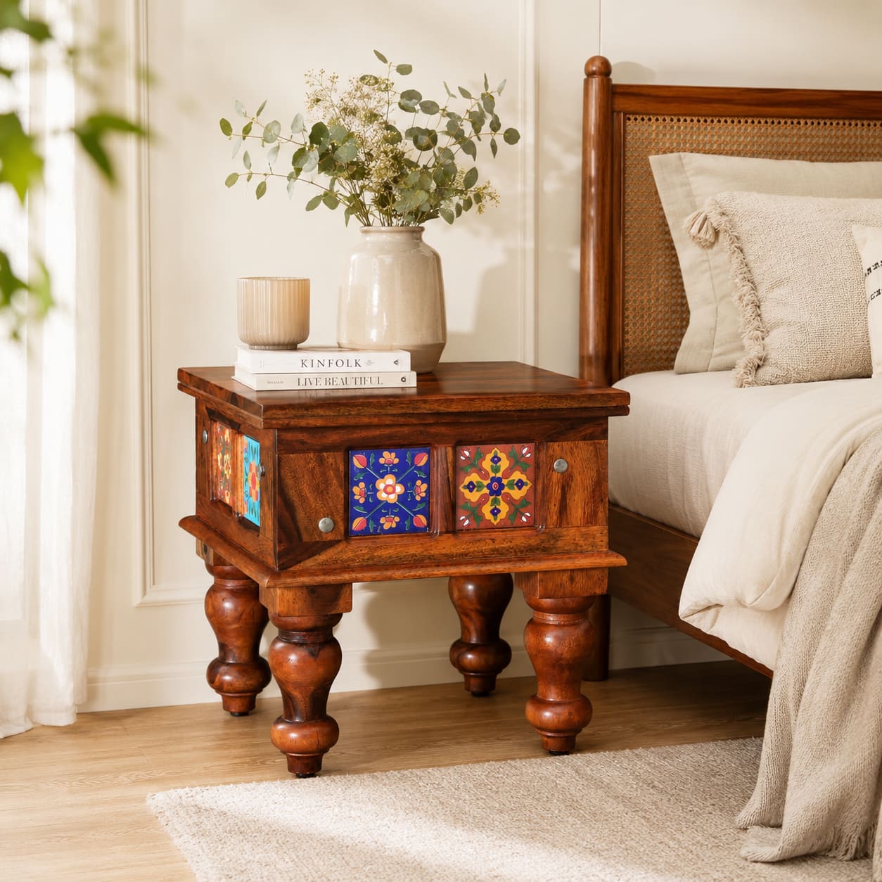 Rangrez Sheesham Wood Bedside Table in Honey Oak Finish - Woodenmood