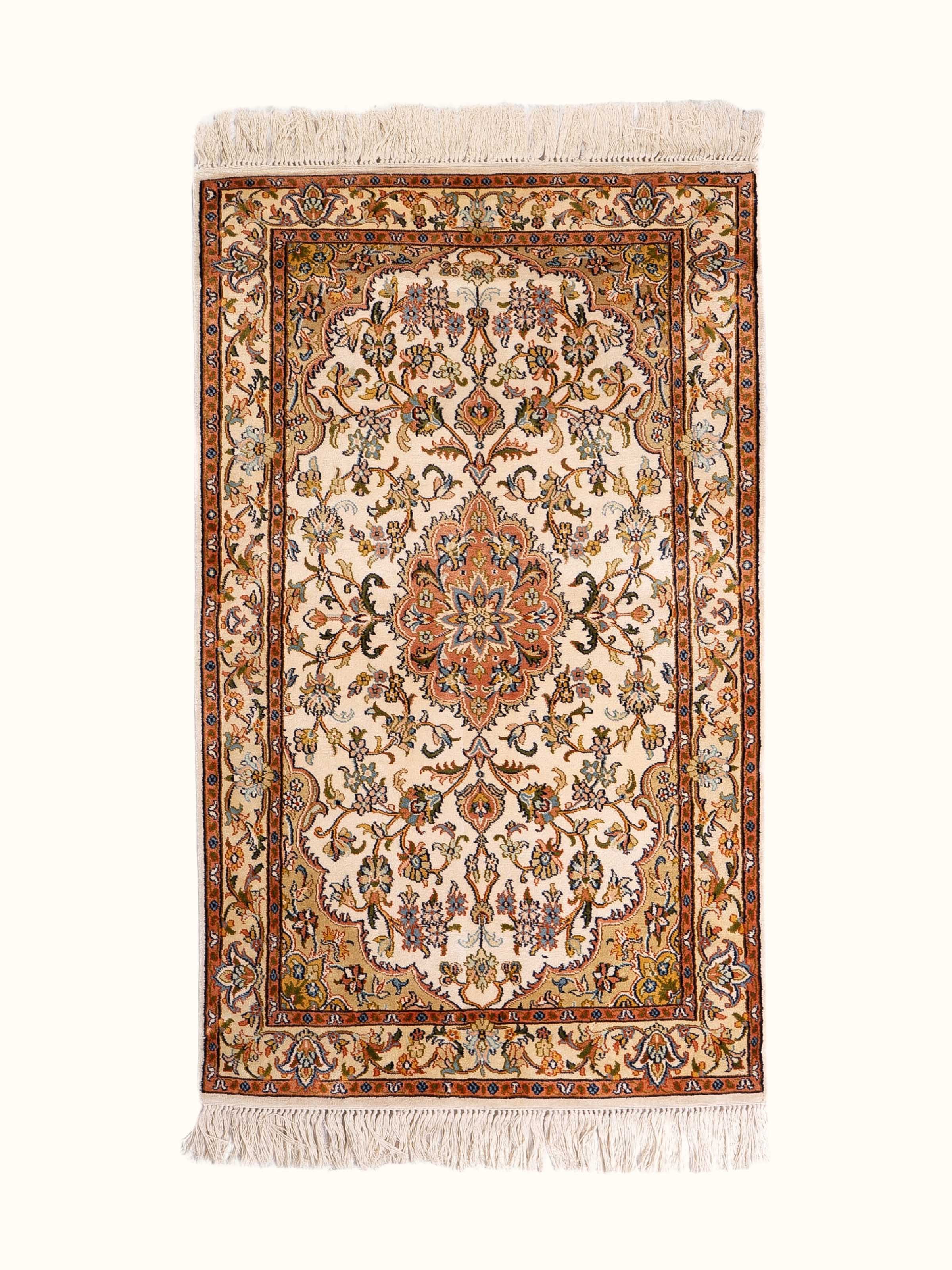 Traditional Kashan Ivory Kashmir Silk Hand-Knotted Carpet