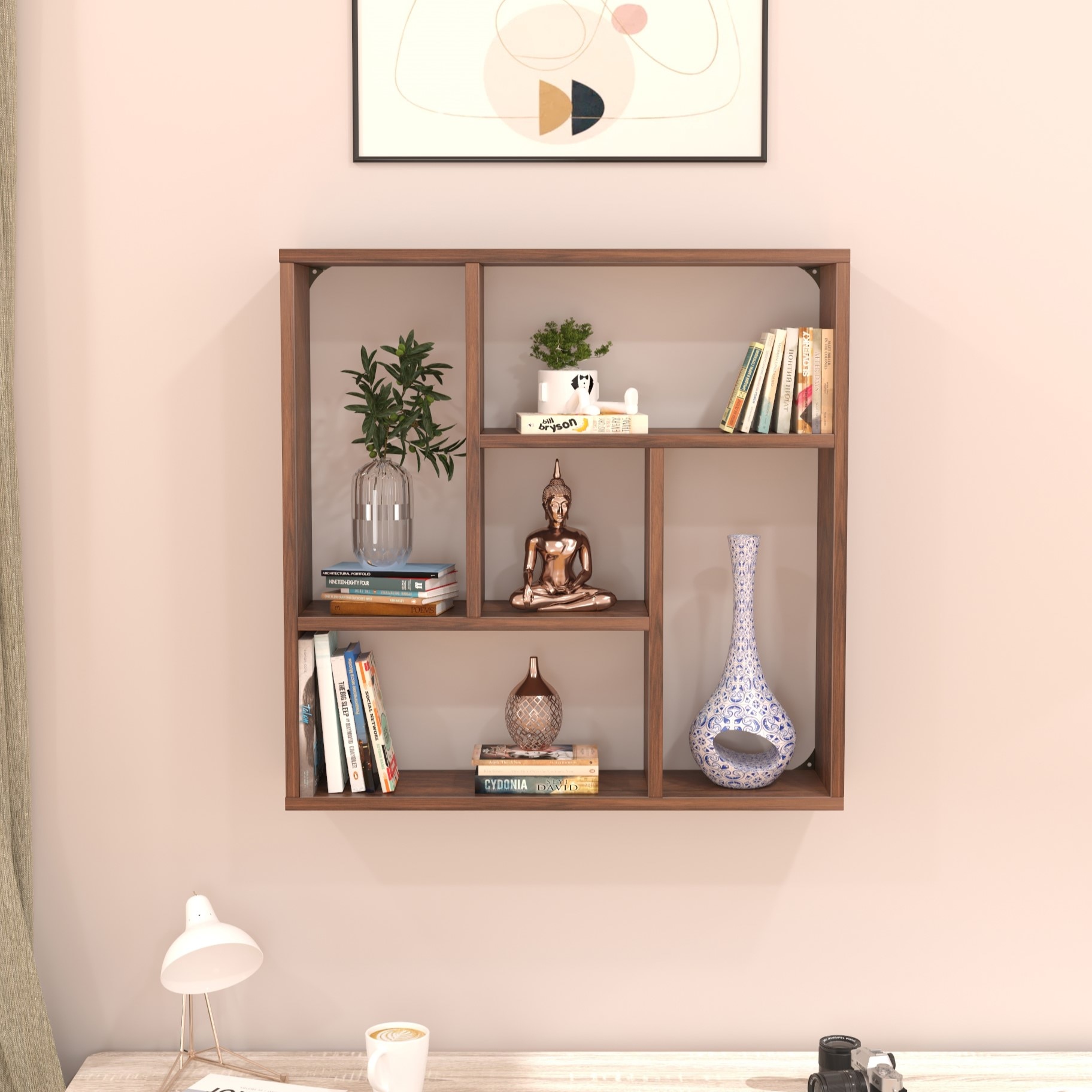 BLUEWUD Javis Engineered Wood Wall Shelve Decor Floating Shelf Display Rack Decorative Hall D�cor for Living Room Bedroom Home Furniture (Brown Maple) (61.5 X 14.8 X 61.5) CM.