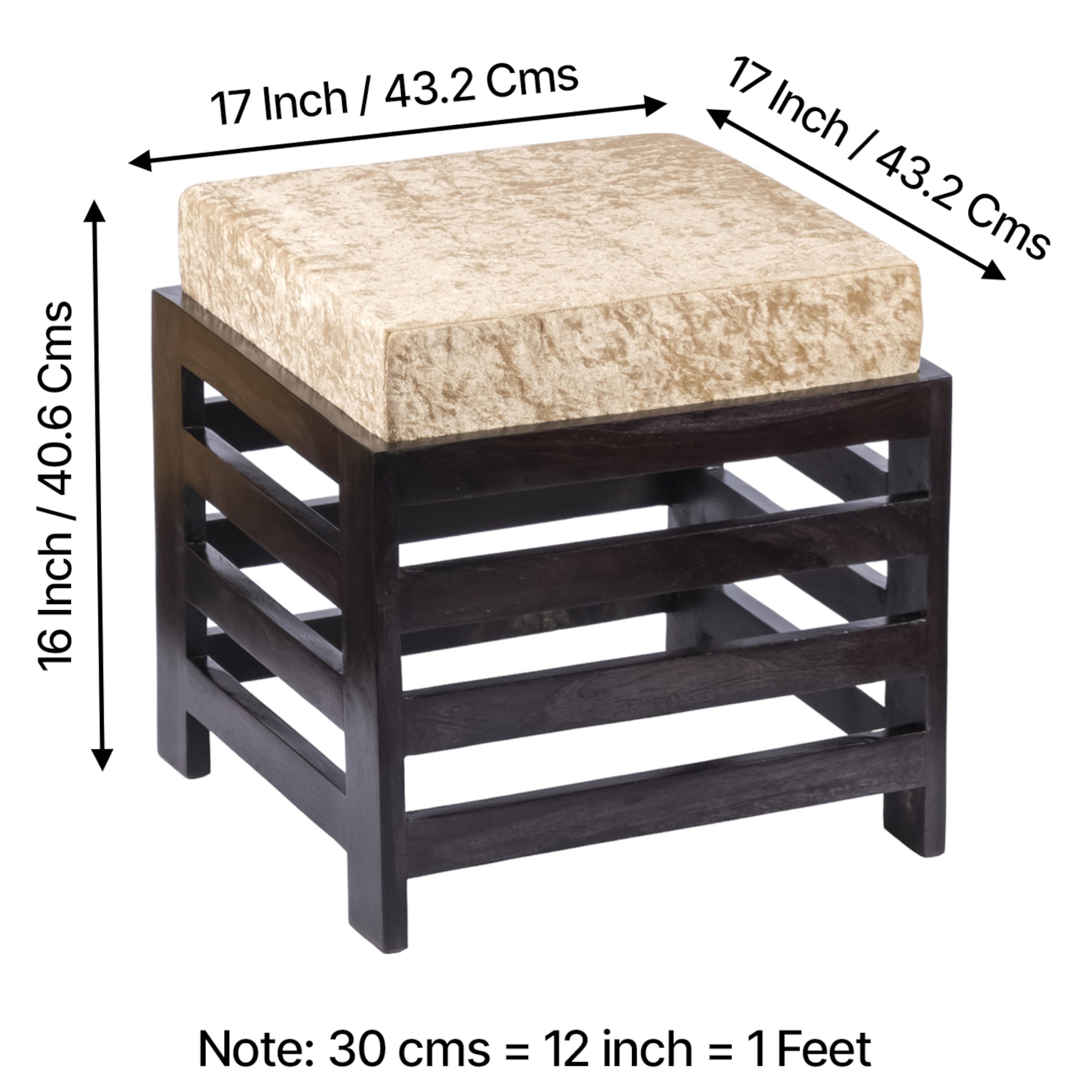 Houston Sheesham Wood Set of 2 Stools in Beige Sparkle Velvet, Extra Dark Mahogany Finish