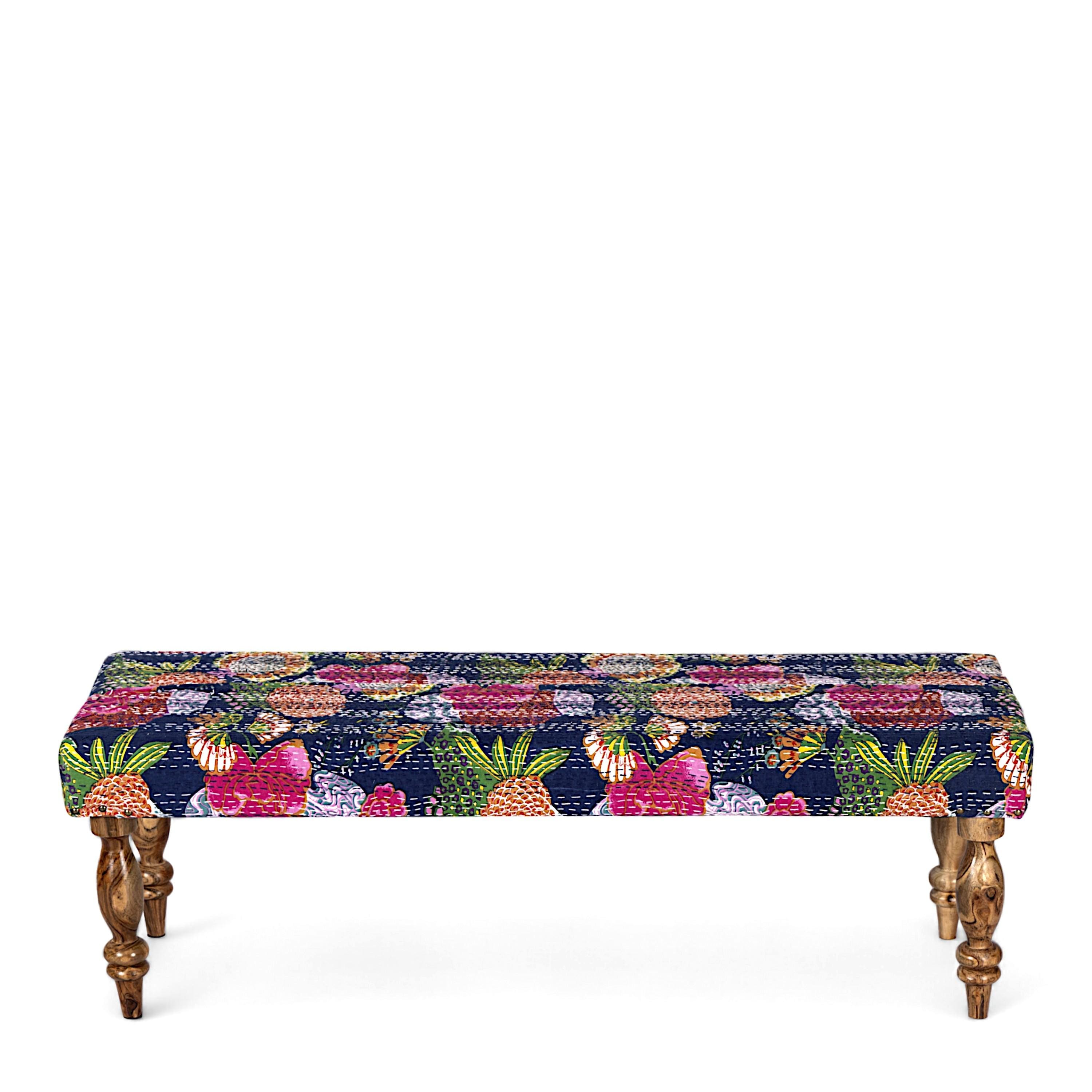 Cairo Sheesham Wood Mid Century Seater Bench Set  2 Stools In Fruit Print Blue Kantha