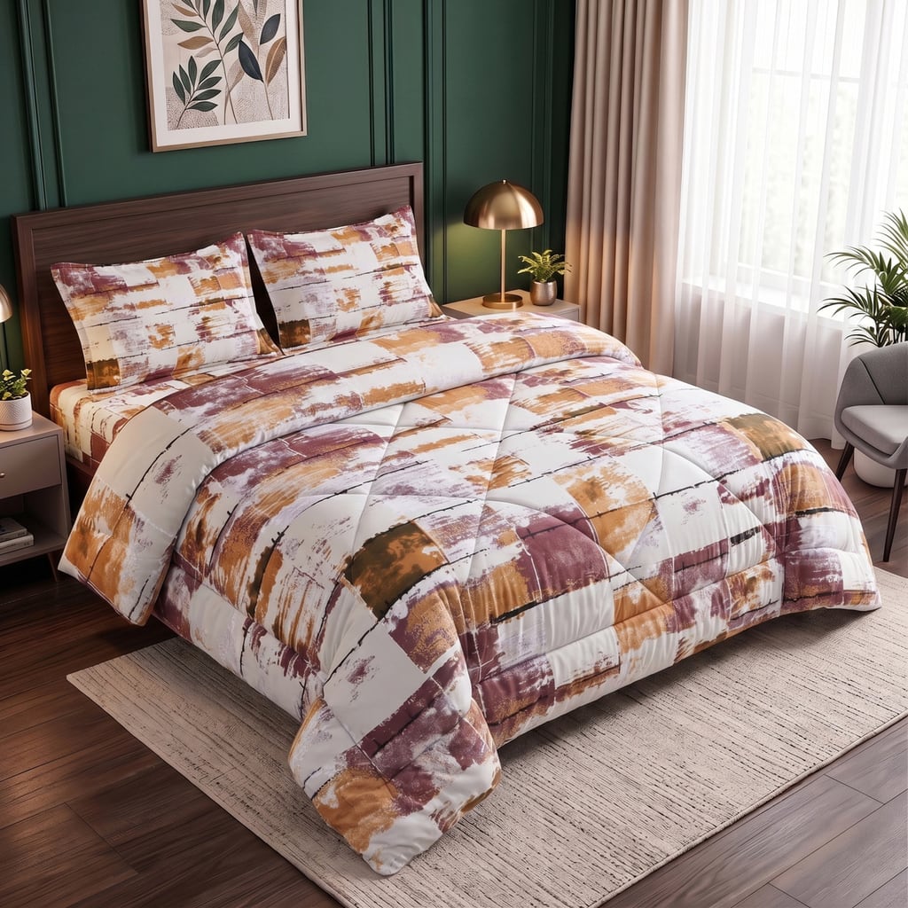Multicolor Abstract 4 Pcs Comforter Set With Queen Size Bedsheet With 2 Pillow Covers