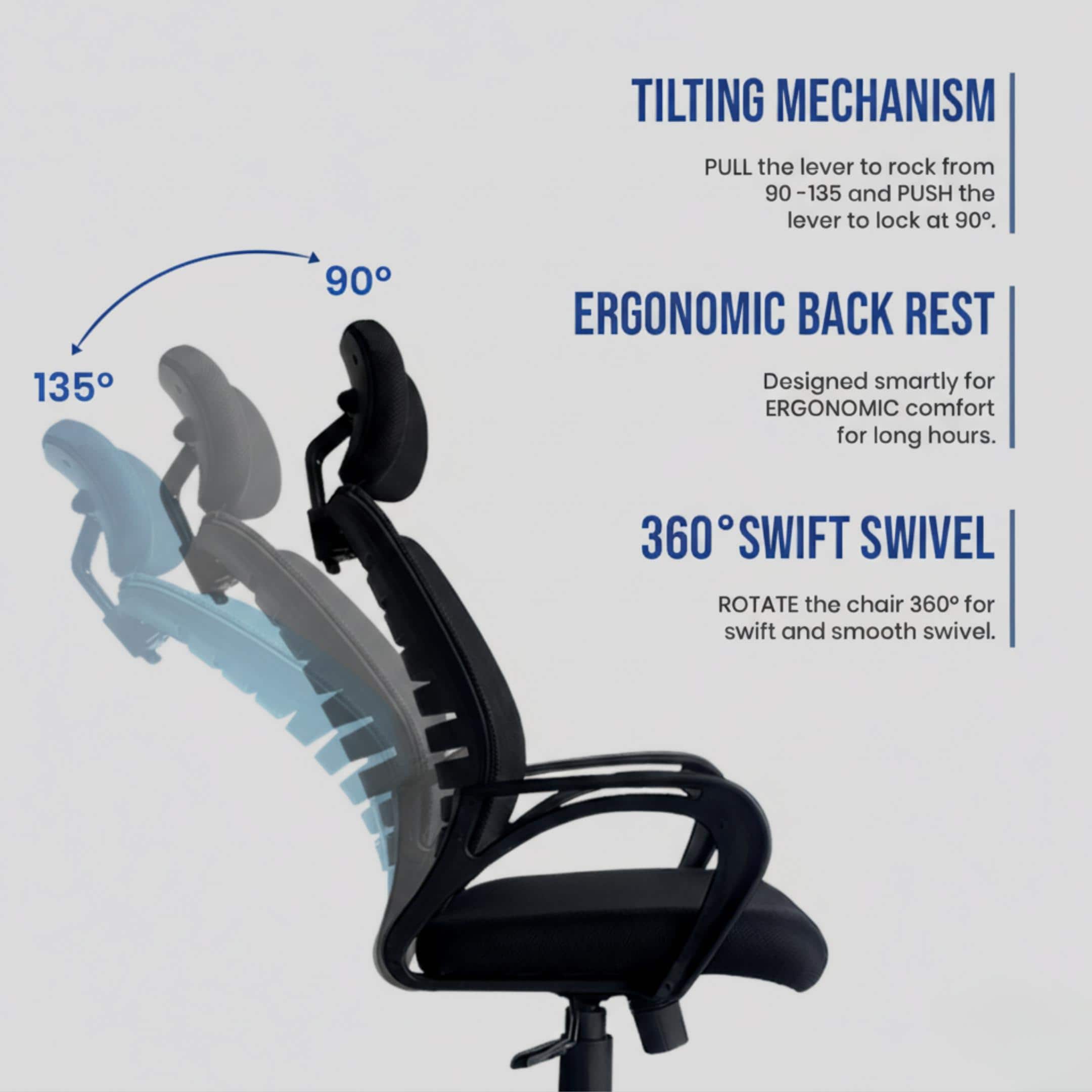 Aspira High Back Mesh Office Chair with Headrest in Black Color
