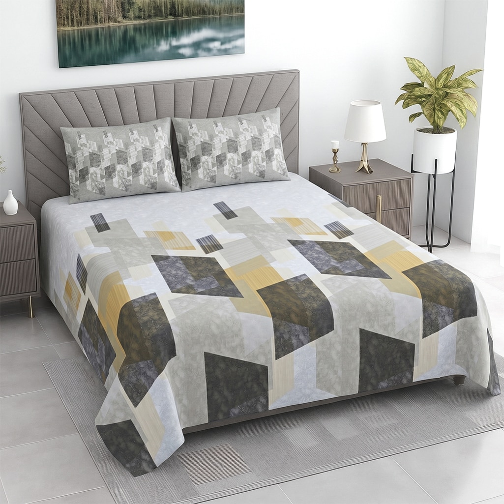 Multicolorabstract 400 Tc  Cotton Flat  Super King Size Bedsheet With 2 Pillow Cover - Threads