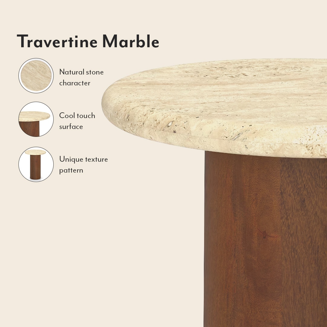 Enzo Travertine Marble and Solid Wood Side Table In Amber Walnut