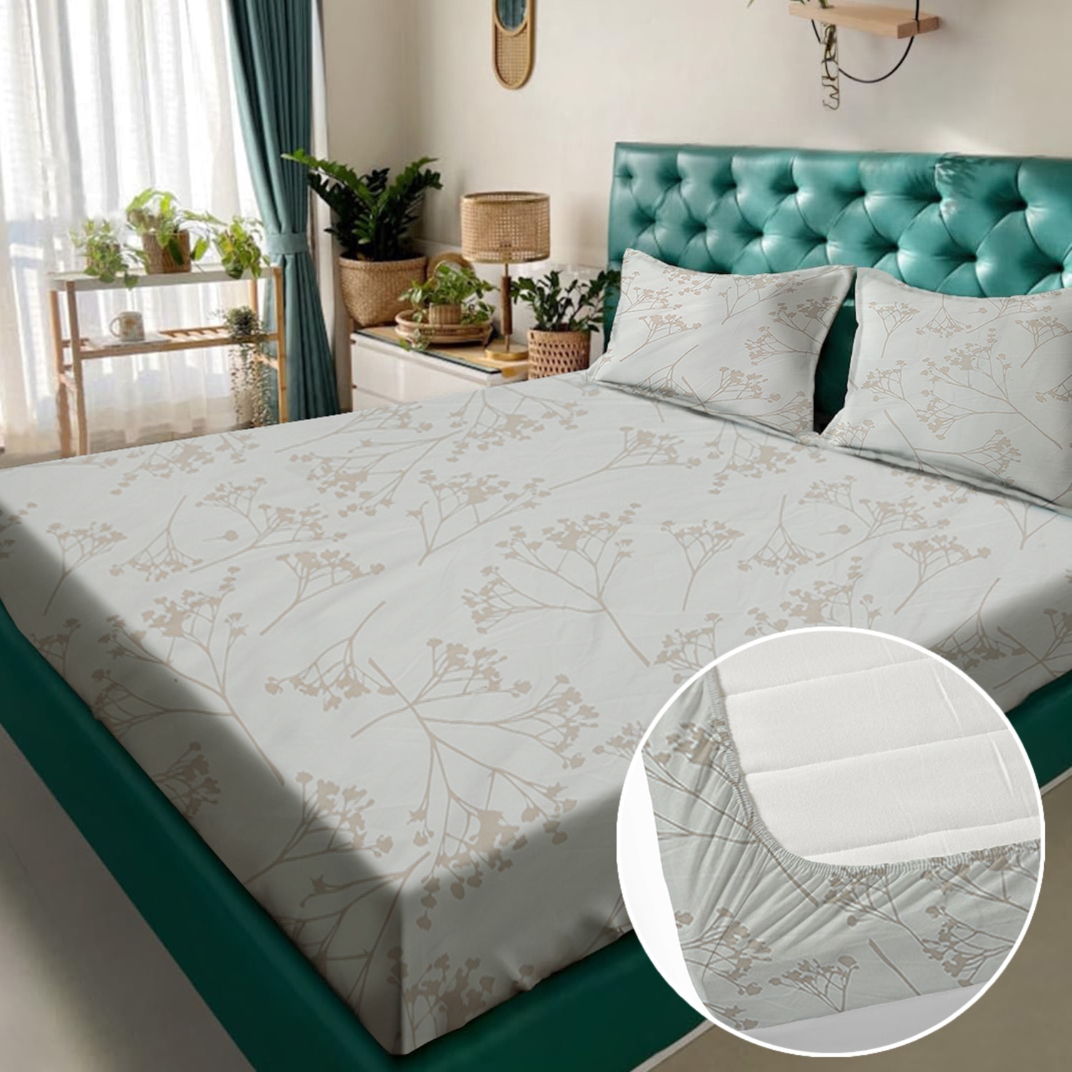 Beige Floral 180 TC Fitted 1 King  Bedsheet with 2 Pillow Covers - Rosarahome