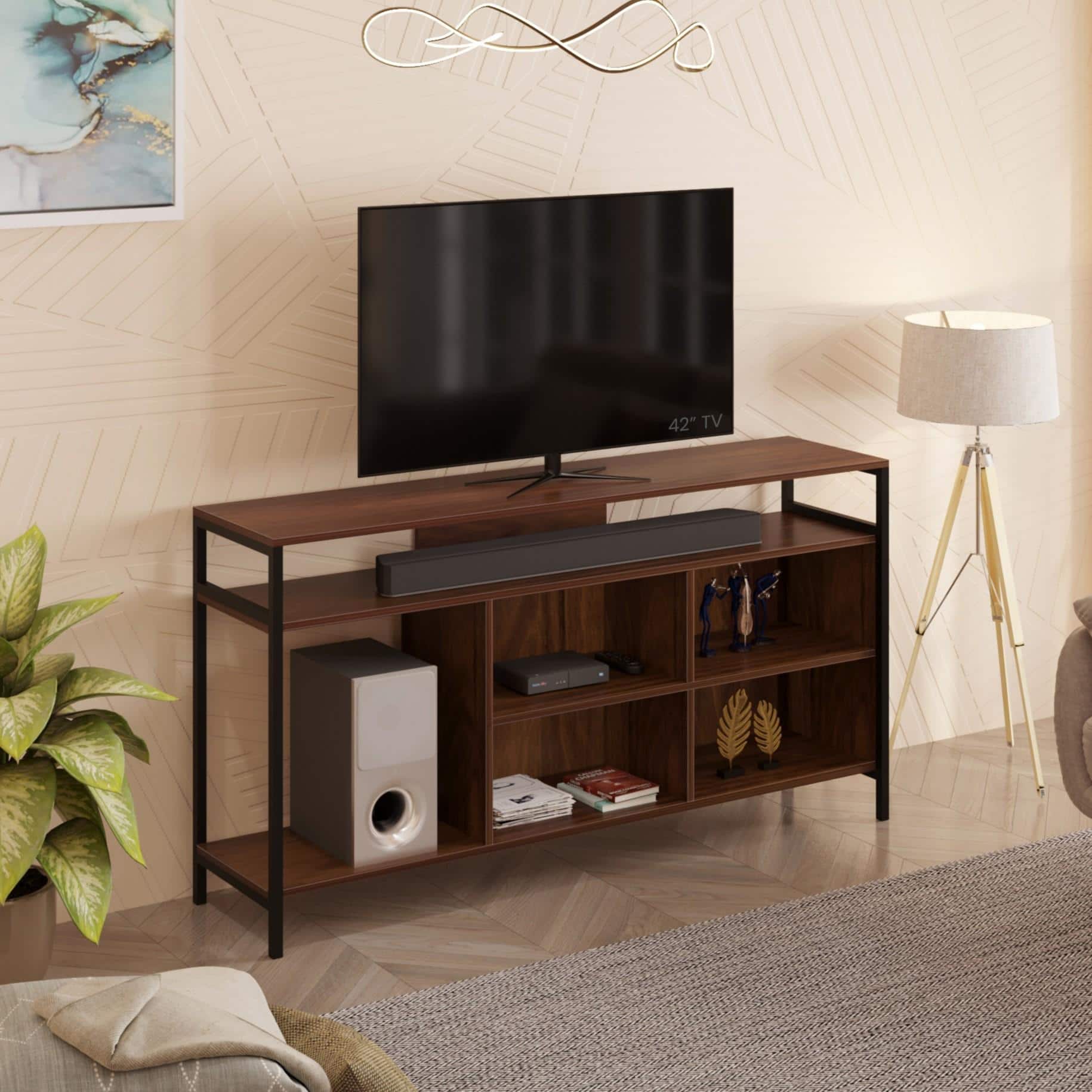 Duskin Engineering Wood Floor Standing Tv Entertainment Unit In Brown Maple Finish