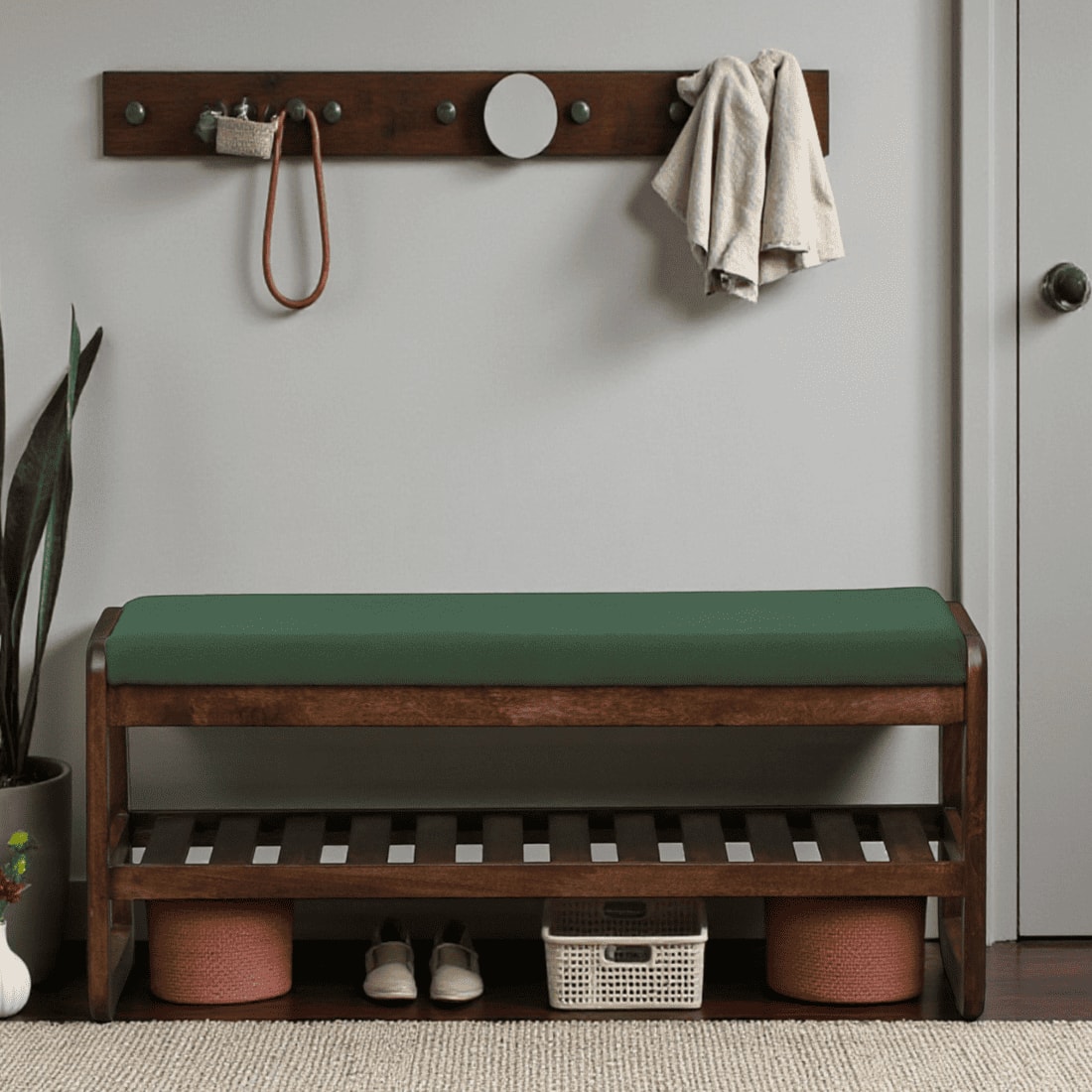 Hamar Solid Wood Shoe Rack with Seating in Walnut Brown finish