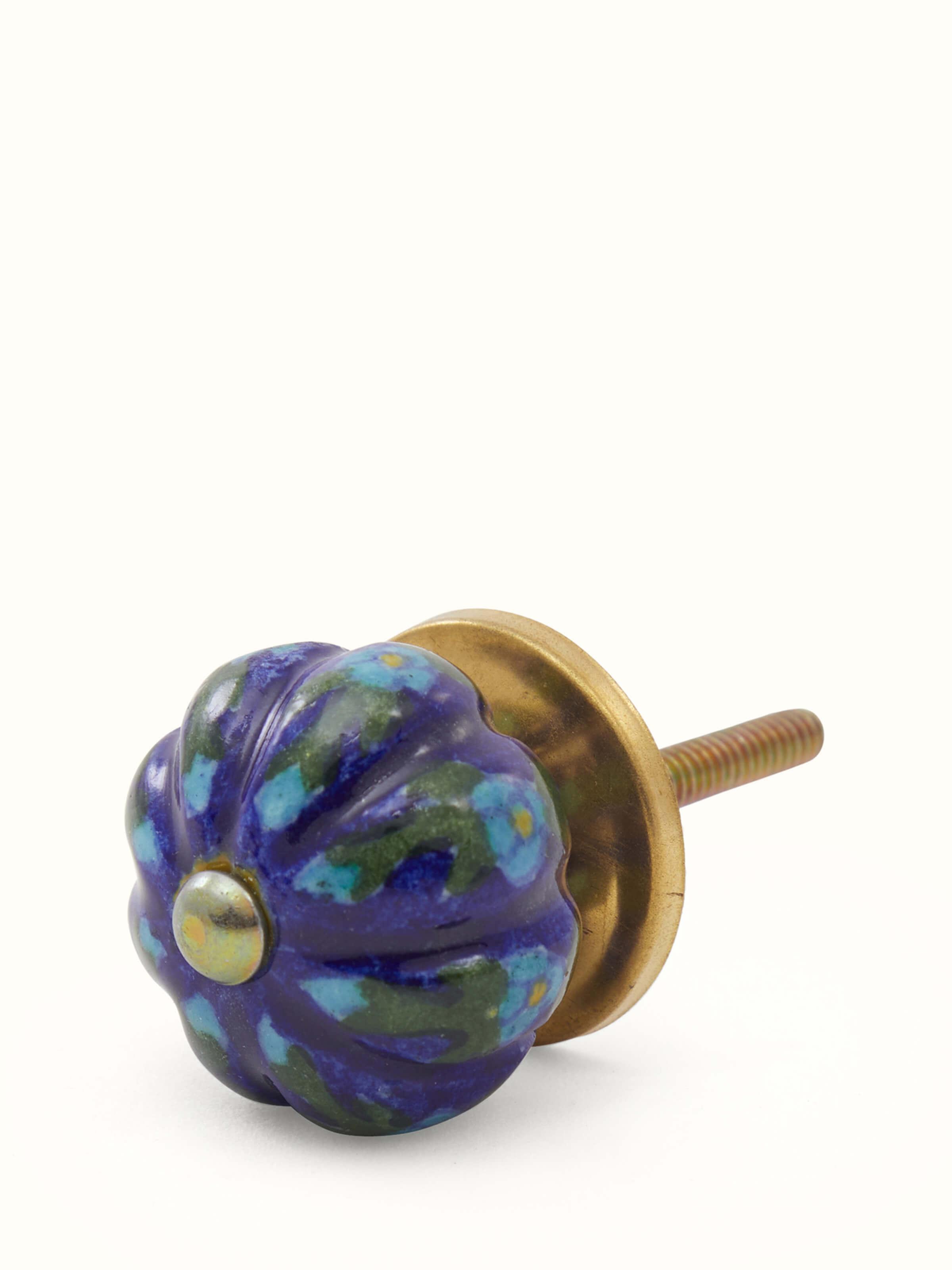 Blue Pottery Round Rib Door Knob Set