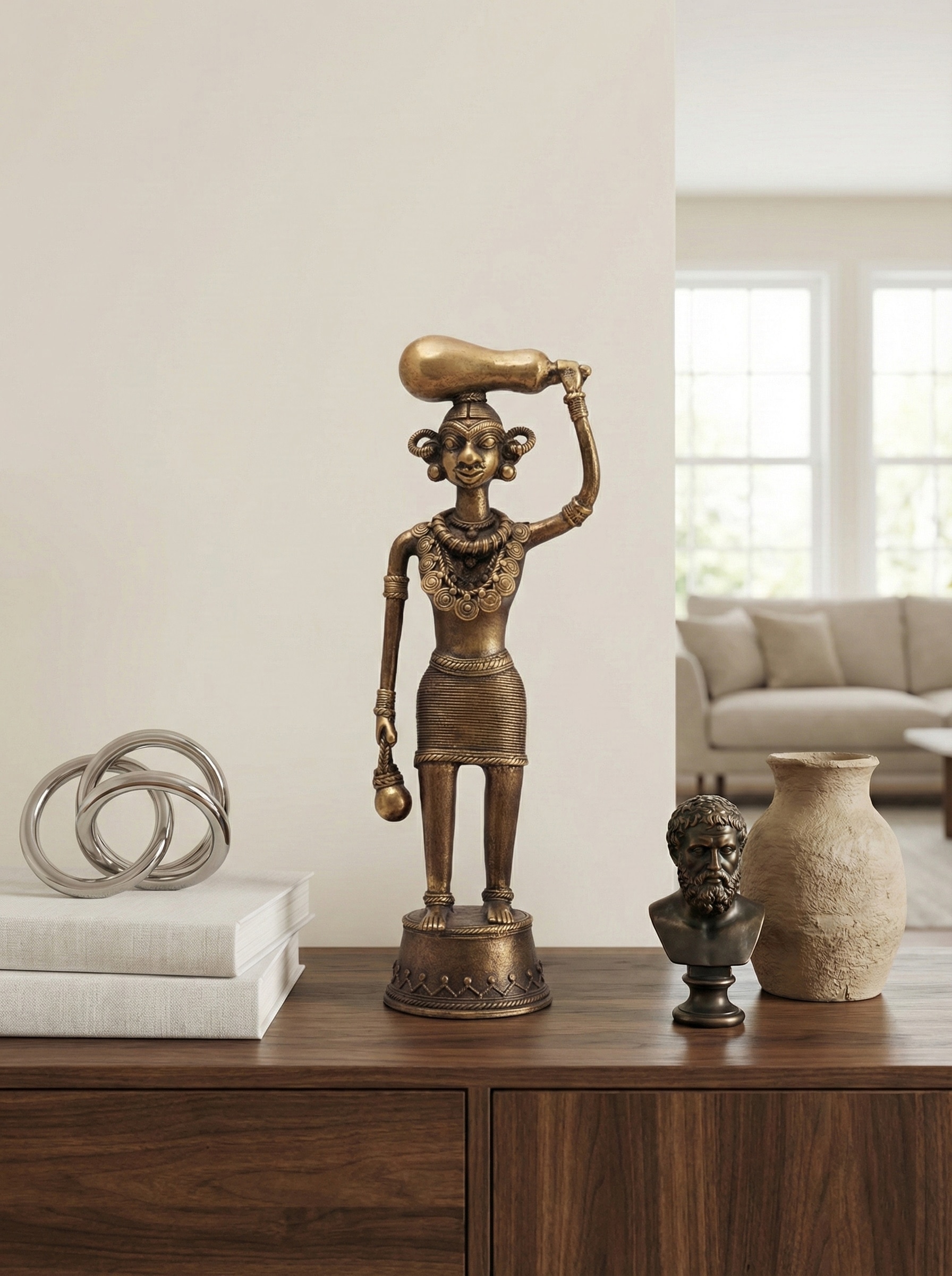 Dhokra brass tribal woman figurine in traditional metal craft style