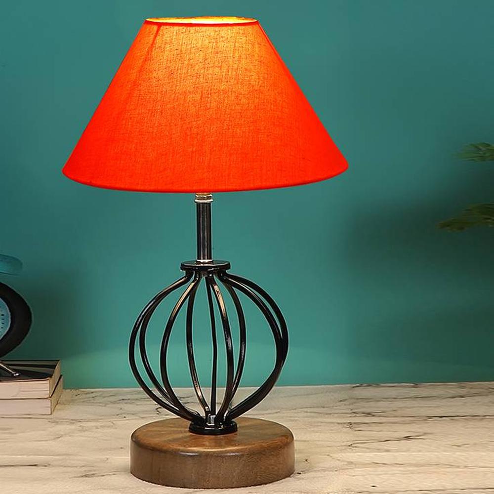 Kaia Orange cotton Table lamp with Wood & Iron Base