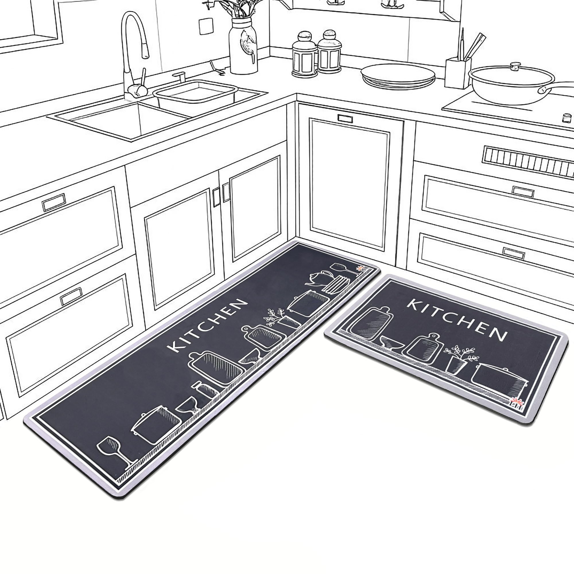 Luxe Home Combo Kitchen Runner Mat - Grey (116x36 & 58x36 cm PC-2)
