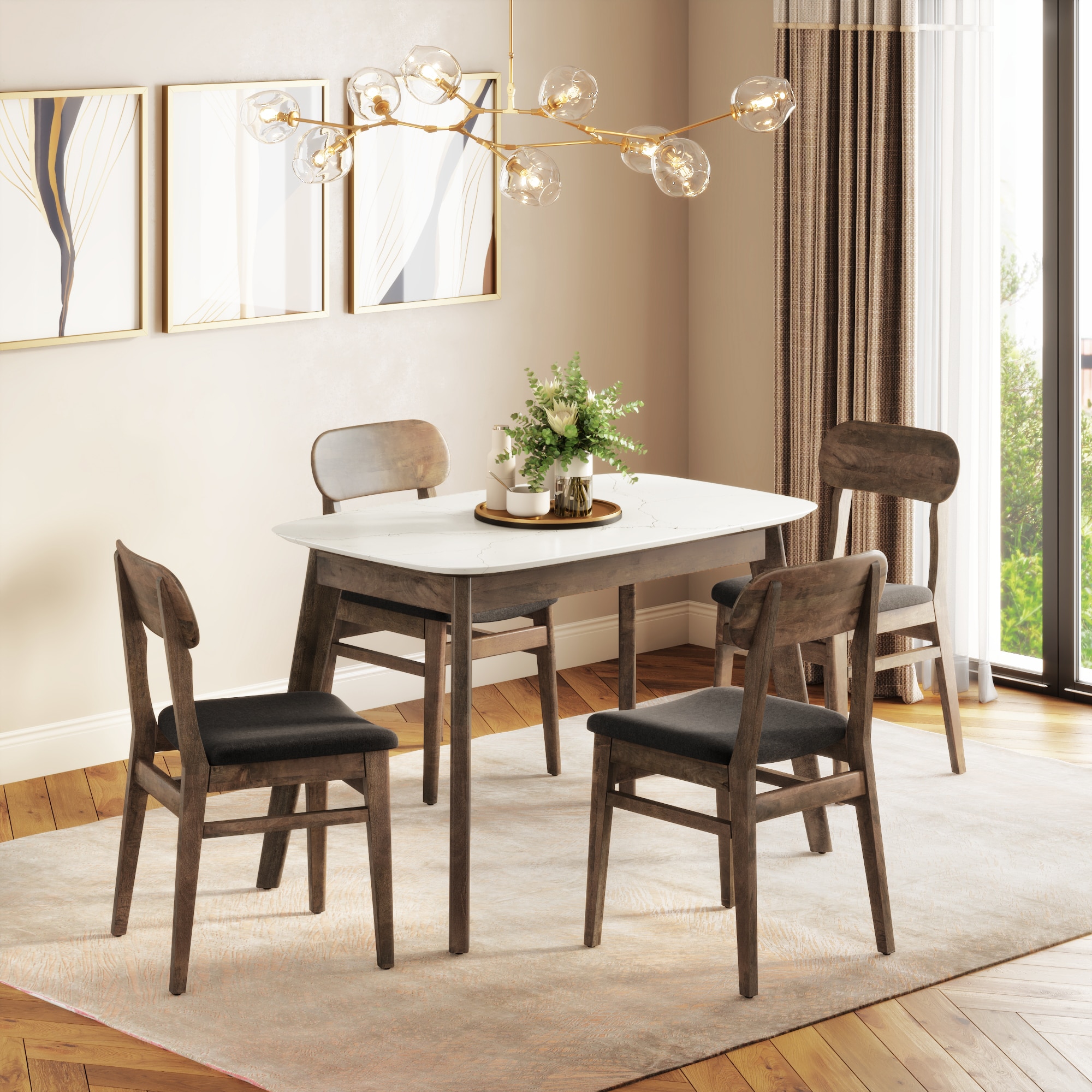 Lunar Solid Wood and Carrara White 4 Seater with 4 Lunar Dining Chair (Finish: Danish Walnut, Colour: Urban Grey Premium Chenille) - Urban Ladder