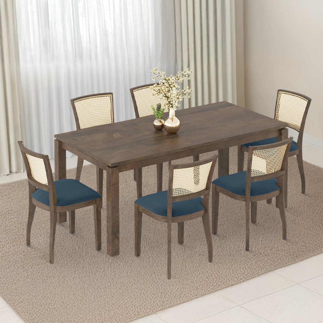 Atlas Solid Wood 6 Seater Dining Table With Reed Dining Chairs Set