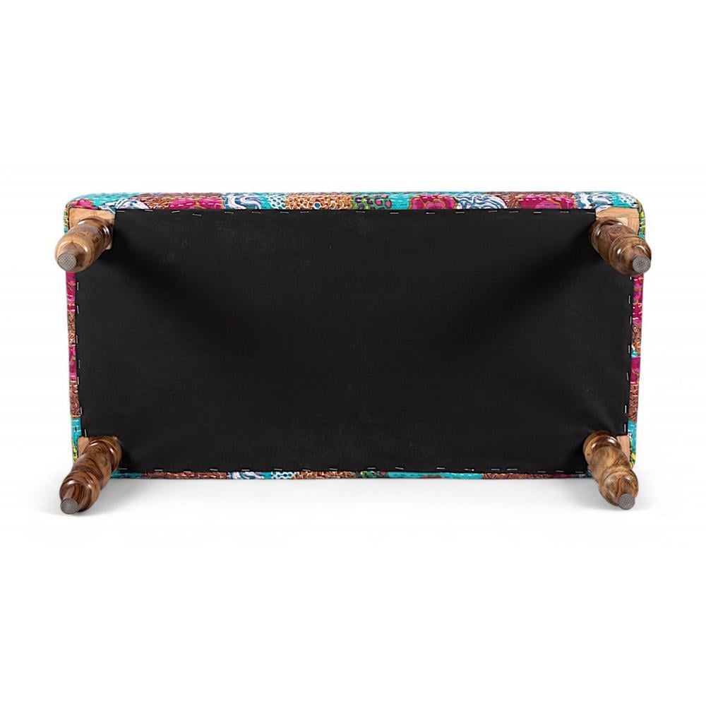 Bestone Solid Wood Bench In Floral Print Green Kantha Fabric