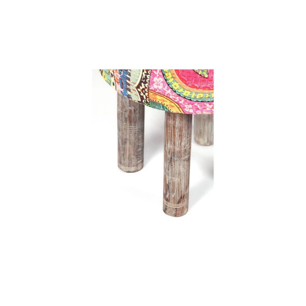 Kingsville Solid Wood Stool in Multi Colour Israel Print Kantha fabric
