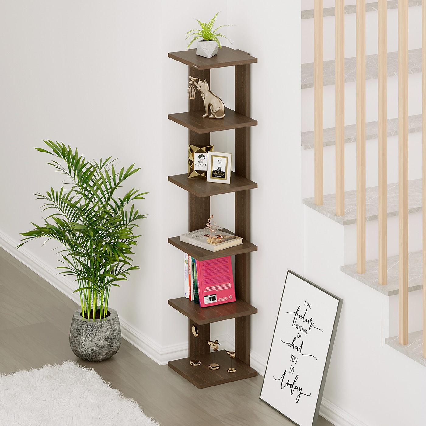 Bluewud Wudville Braine Engineered Wood Wall Mount Corner Shelf, Display Rack, (6 Square Shelves - Wenge)