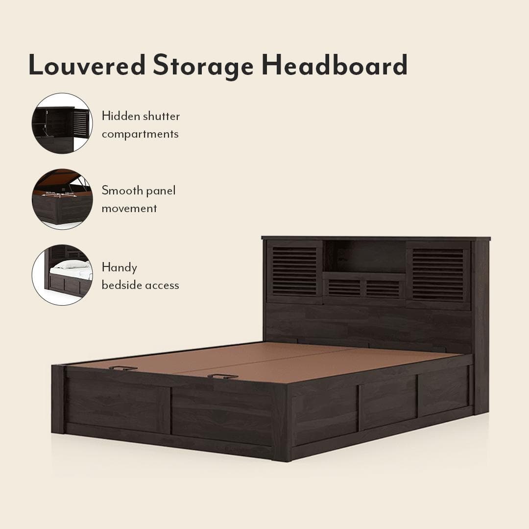 Cambry King Size Hydraulic Storage Bed With Headboard Storage In American Walnut Finish
