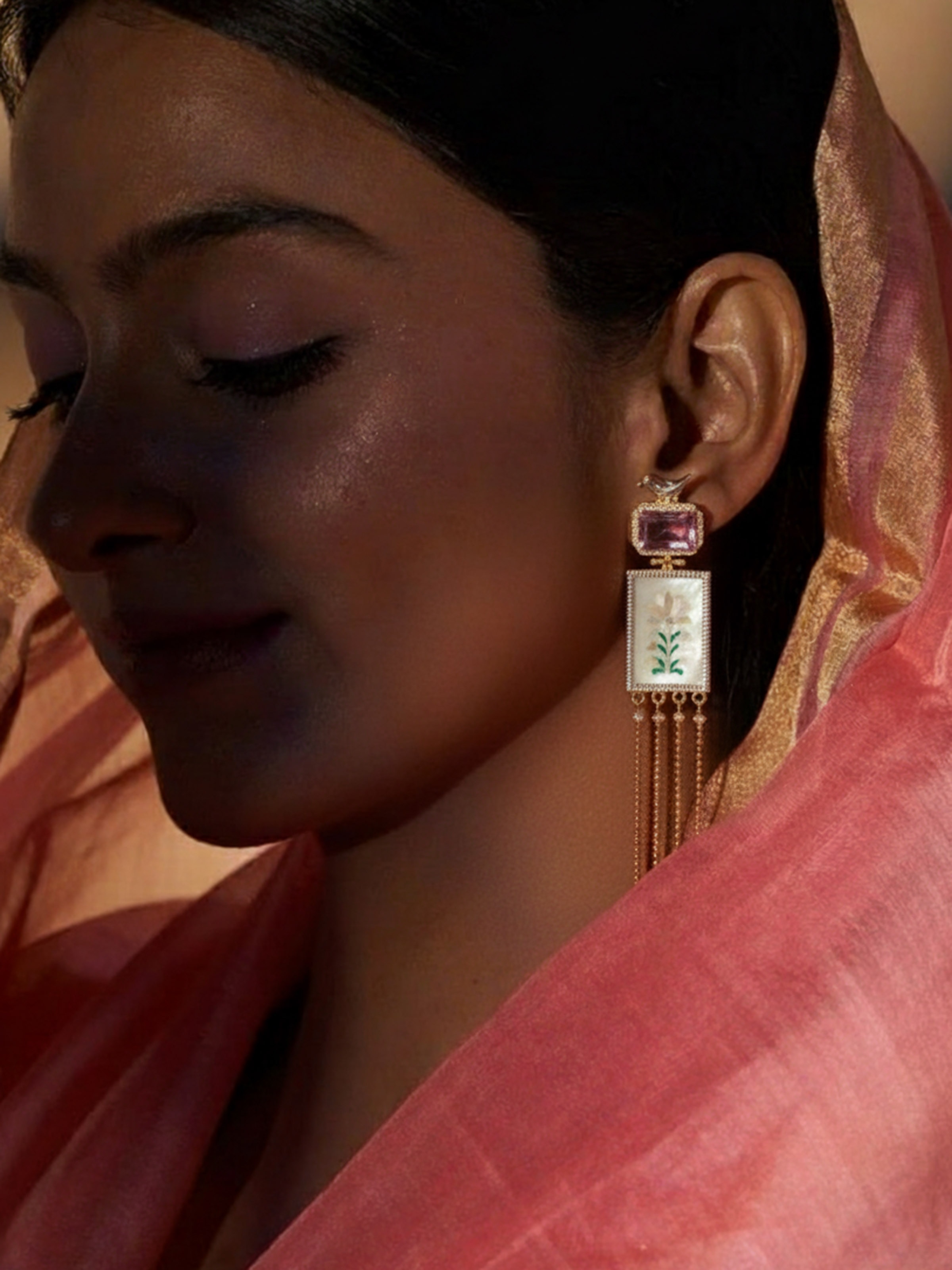 Parchinkari silver drop earrings close-up on display – Swadesh