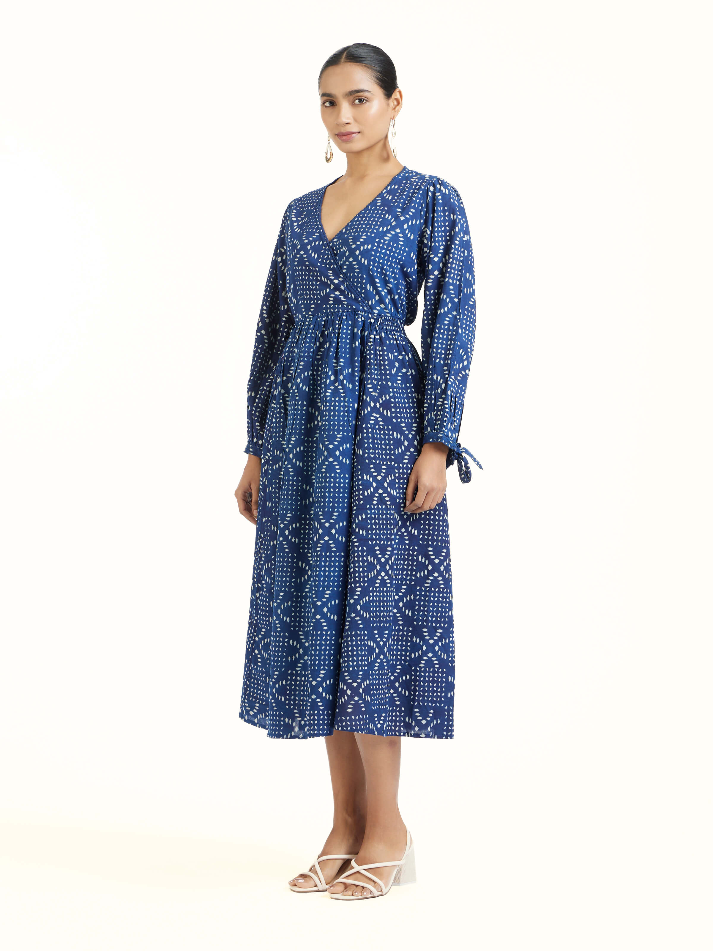 Side view of Samika cotton dabu block printed dress showcasing relaxed fit