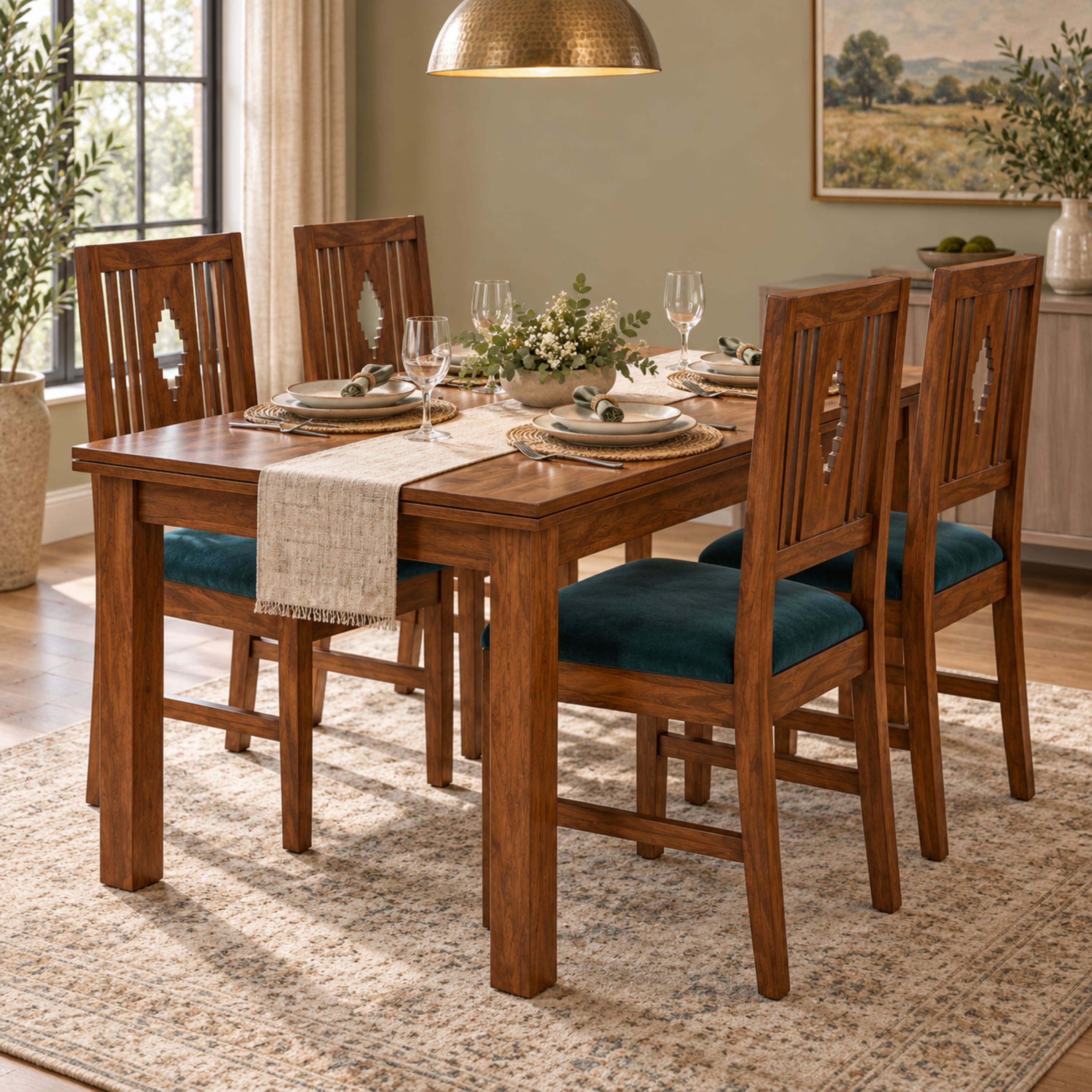 Globally Indian Ratna Solid Sheesham Wood 4 Seater Dining Table Set 4 Chairs Teal Green