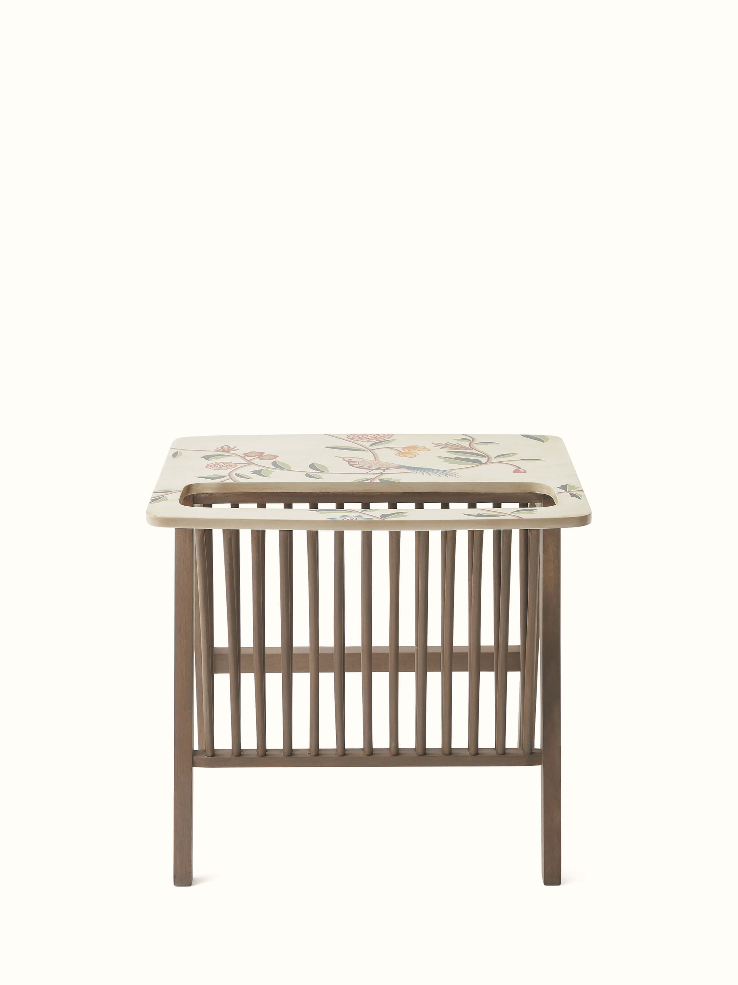 Front view of the mango wood magazine rack with miniature painting, displaying its intricate artwork and detailed design.