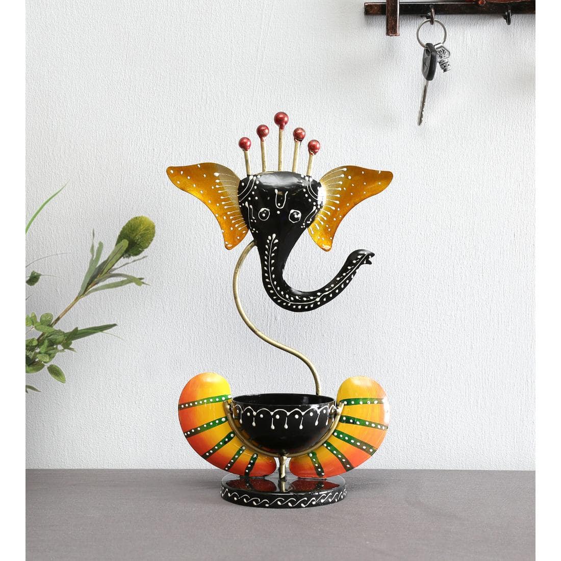 Desert Art Metal Handpainted Yellow Ganesha Tealight Holder - Desert Art