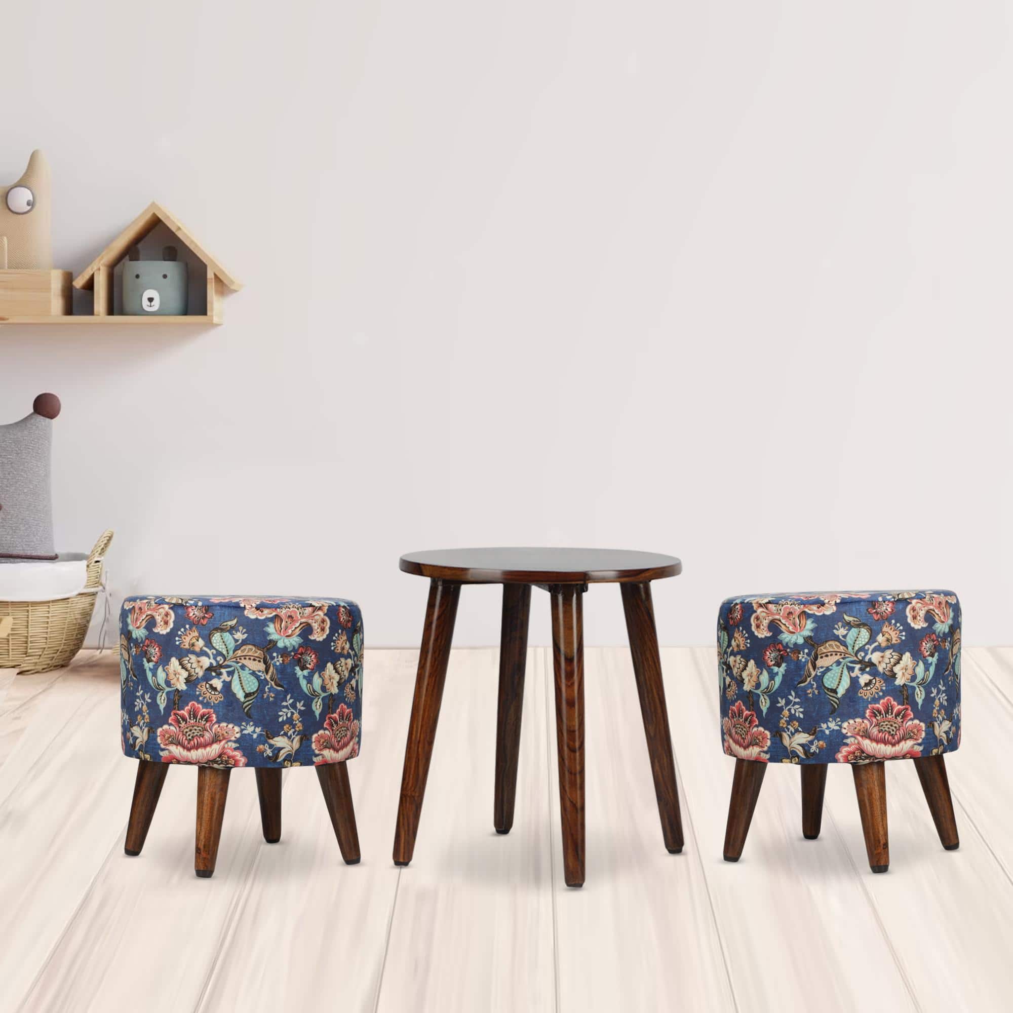 Joseph Solid Wood  Ottomon in  Blue Colour