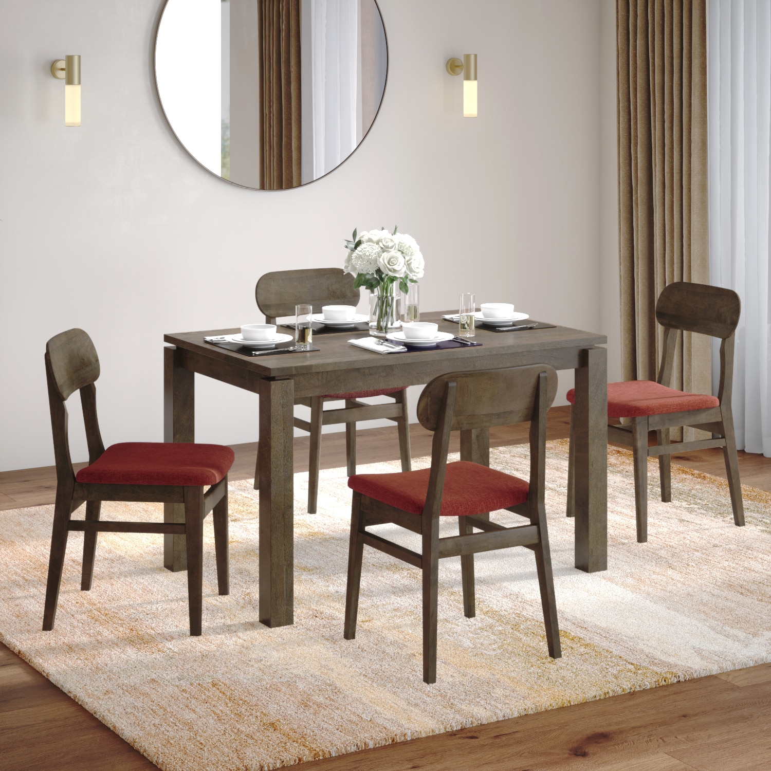 Atlas Solid Wood 4 Seater Dining Table With 4 Lunar Dining Chairs (Finish : Danish Walnut, Chair Colour : Dark Coral)